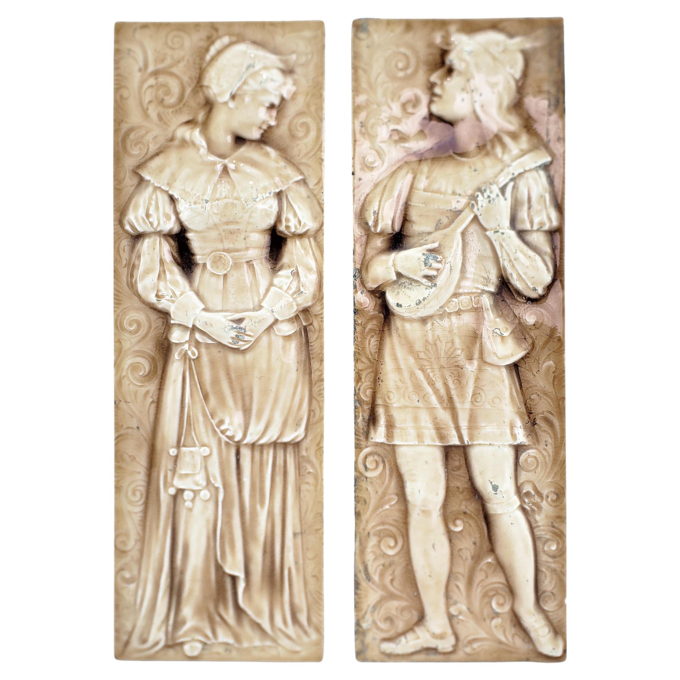 Pair of Salvaged Antique Decorative Tiles by American Encaustic Co. of New York For Sale