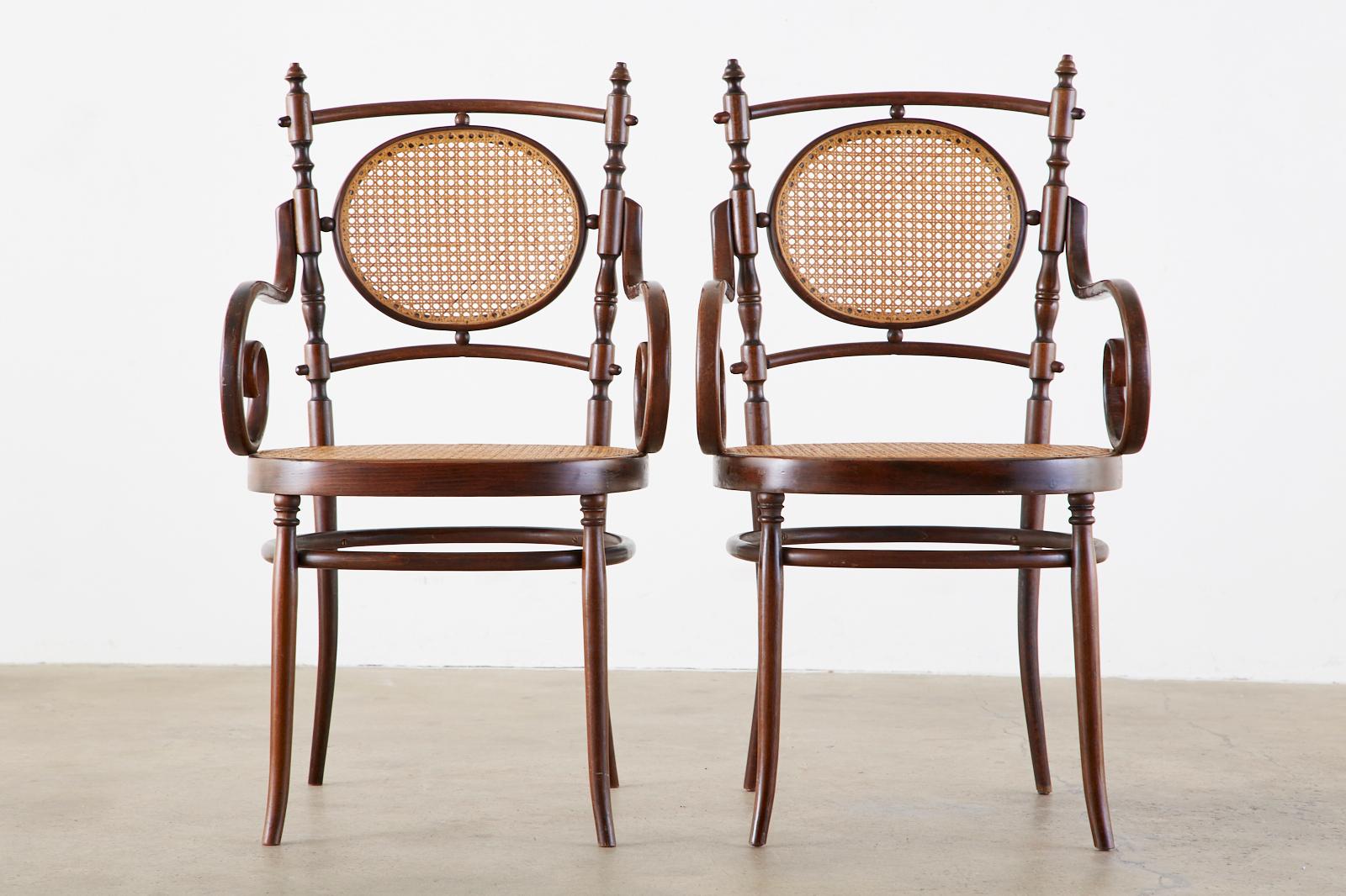 Vienna Secession Pair of Salvatore Leone for Thonet Bentwood Cane Armchairs