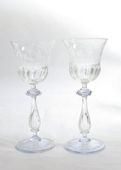 Pair of Salviati Engraved Venetian / Murano Glass Wine Goblets or Stems