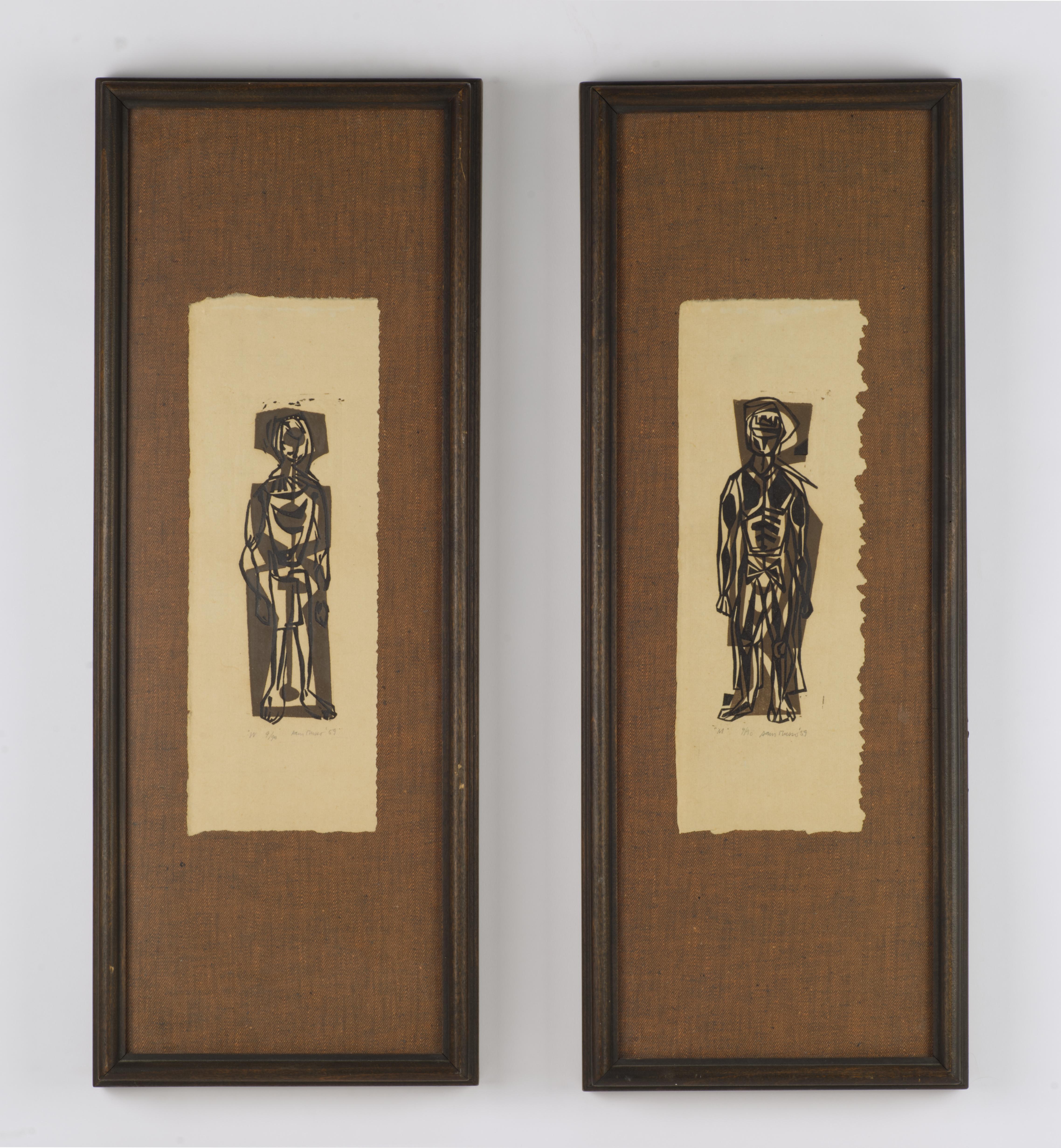  The pair of vintage Mid Century Modern Linocut Block prints (screenprints)  with abstract human figures are pencil signed, titled, dated, and numbered by the artist. The prints appear to be professionally framed for the exhibition with the original