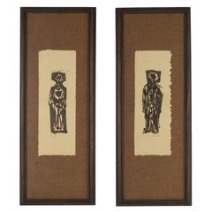 Pair of Sam Russo Lino Block Prints "M+W" 1959, Signed Numbered 9/90
