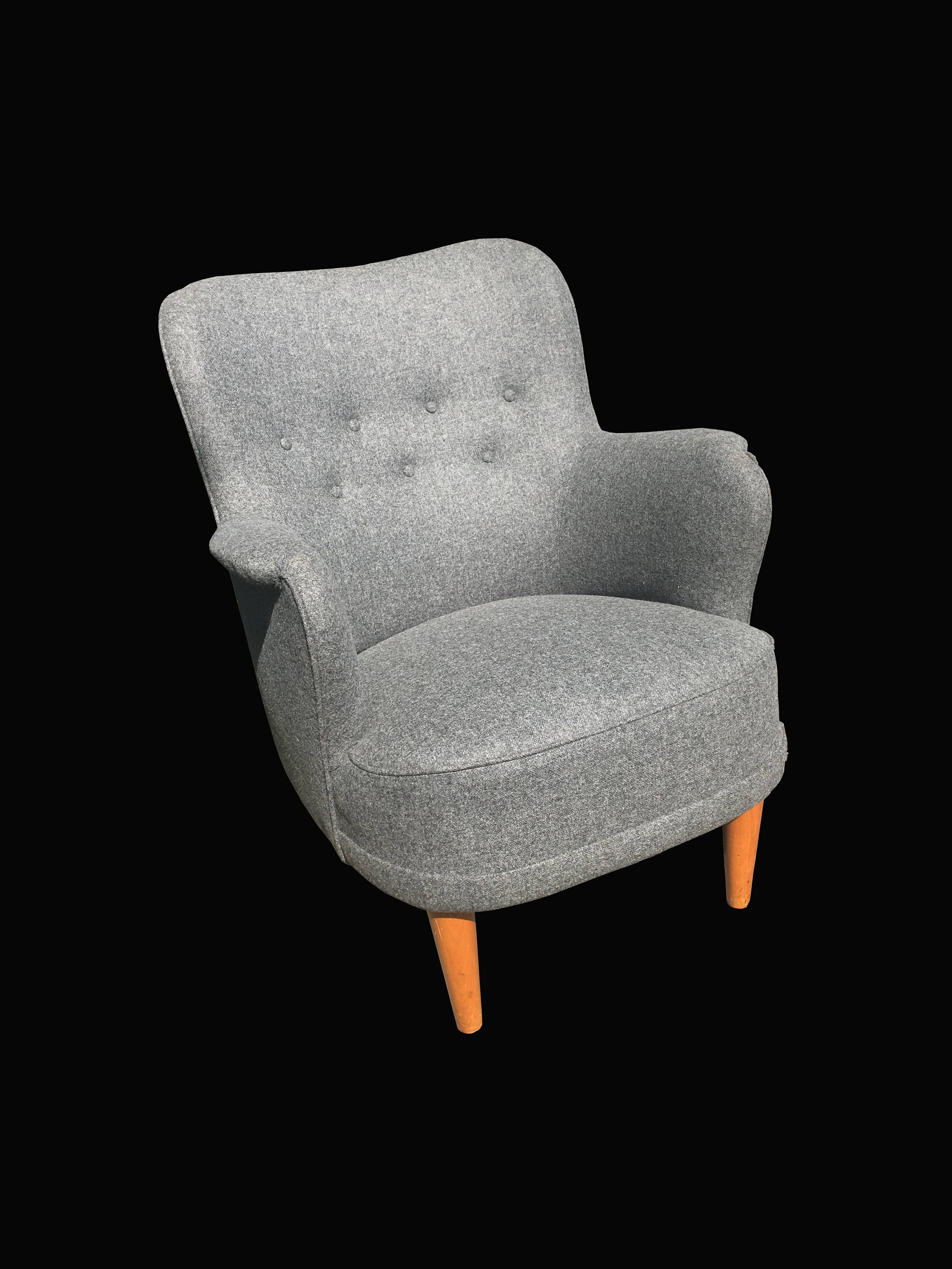 Danish Pair of Samas Armchairs by Carl Malmsten for O H Sjogren in Gray Wool