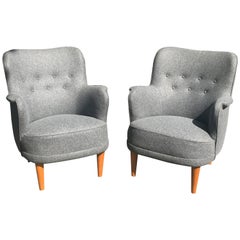 Vintage Pair of Samas Armchairs by Carl Malmsten for O H Sjogren in Gray Wool