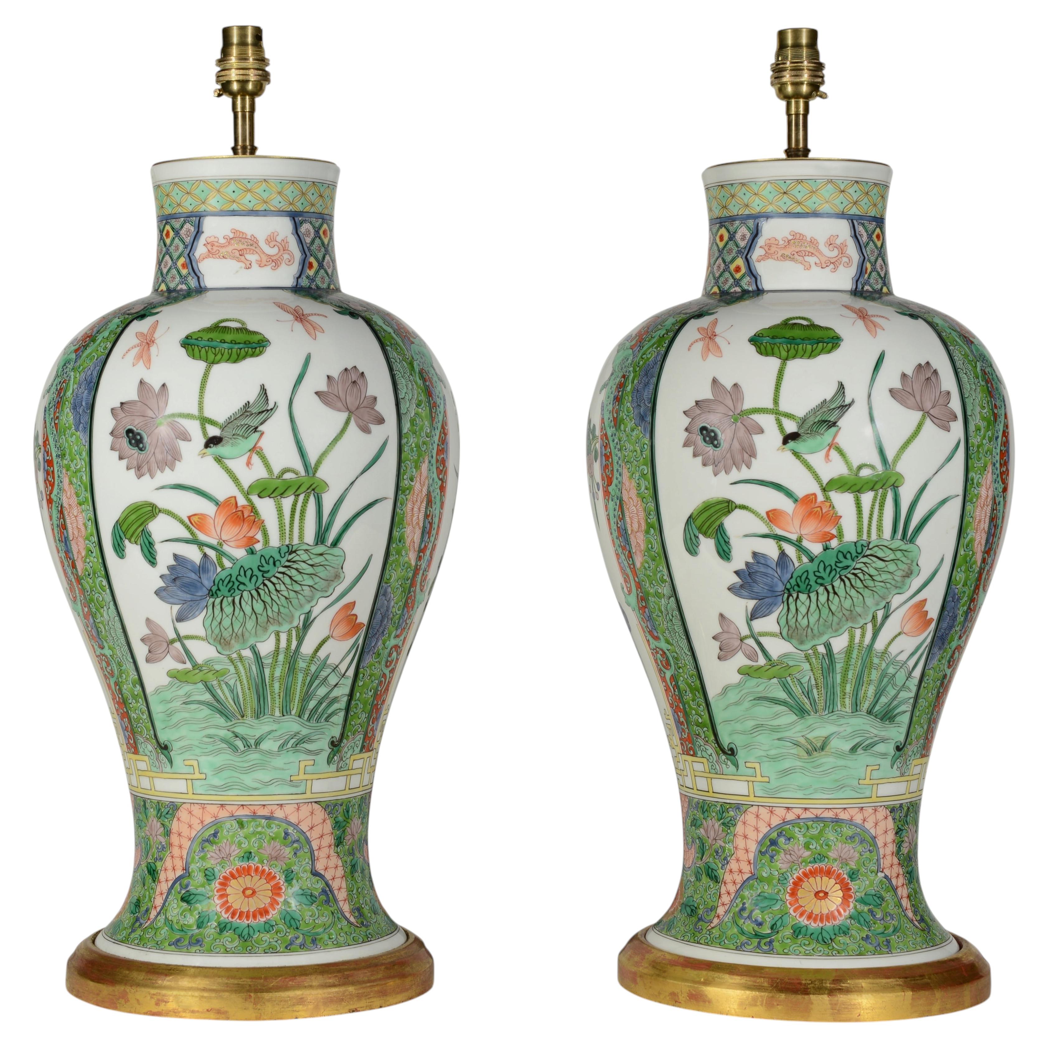 Pair of Samson Famille Verte Porcelain Late 19th Century Table Lamps
