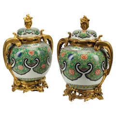 Pair of Samson Porcelain Urns with Ormolu Mounts, 19th Century French