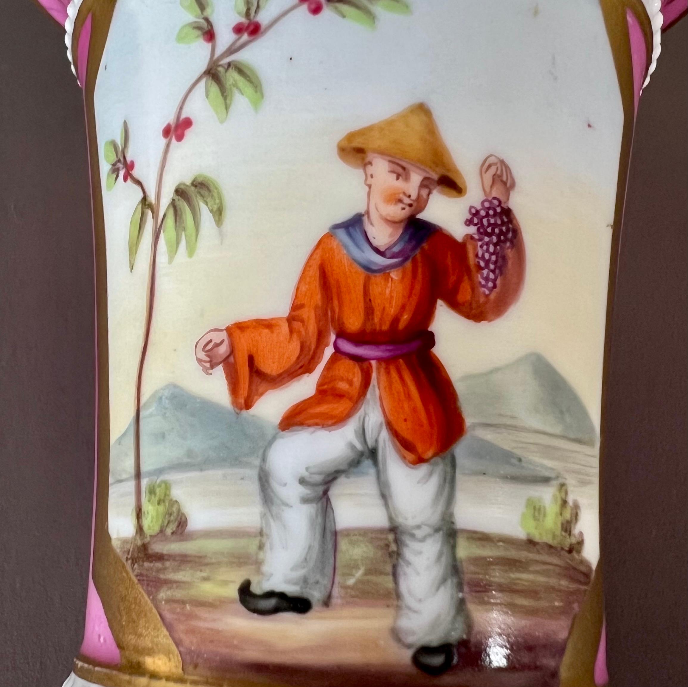 English Pair of Samuel Alcock Porcelain Spill Vases, Pink Chinoiserie Figures, ca 1825