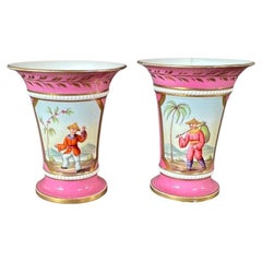 Pair of Samuel Alcock Porcelain Spill Vases, Pink Chinoiserie Figures, ca 1825