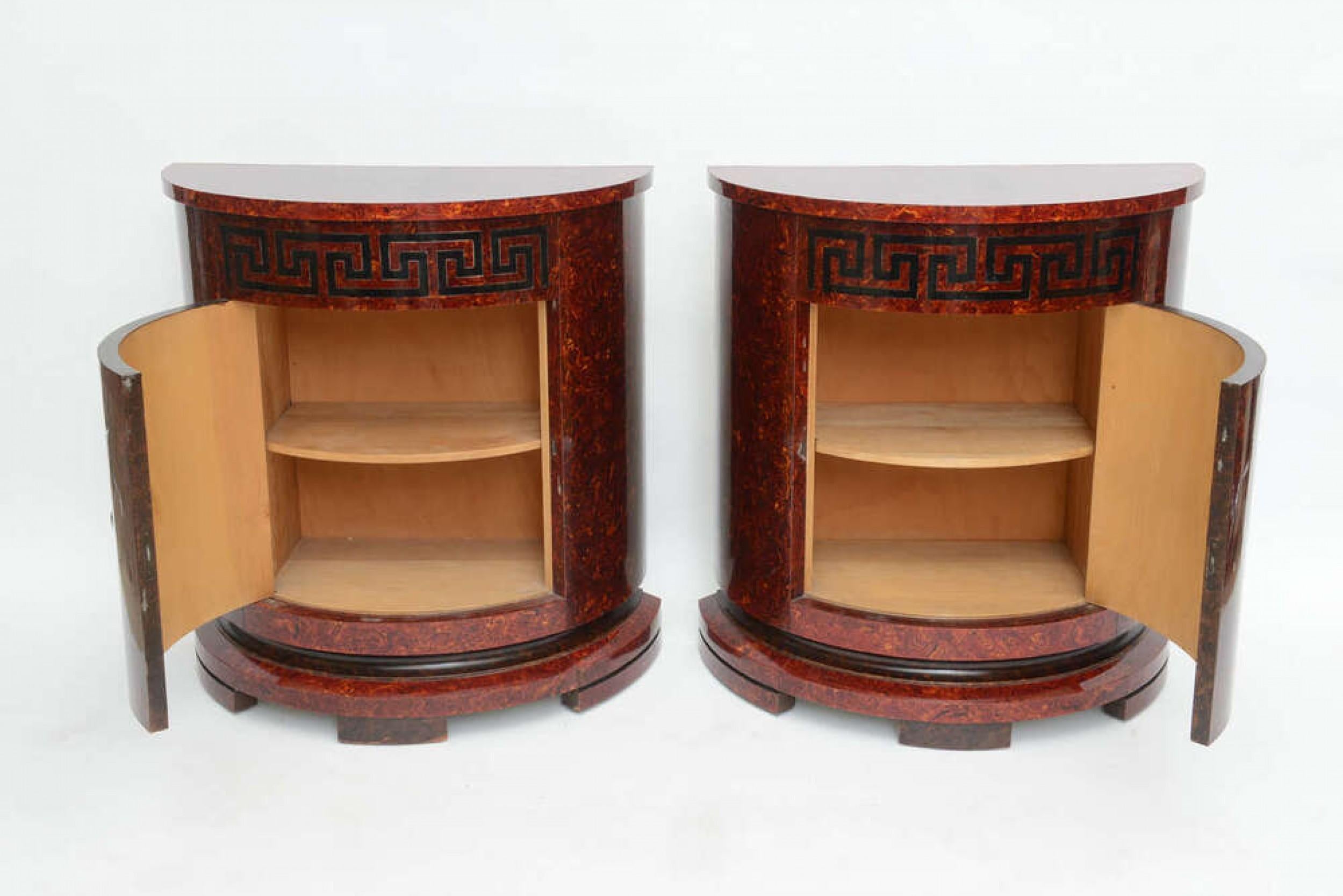 Pair of Samuel Marx American Faux Tortoise and Ebonized Demilune Cabinets In Good Condition For Sale In New York, NY