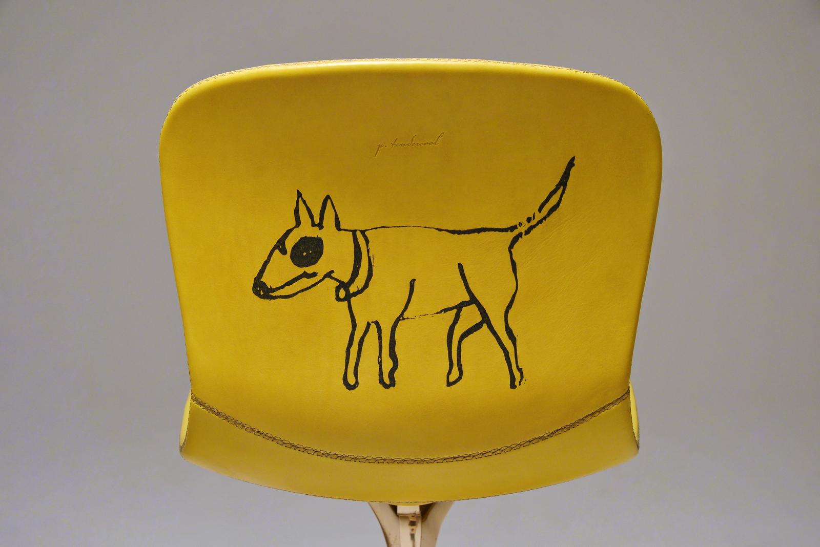 Mid-Century Modern Pair of Sand Cast Bronze Chairs, Aurèle Yellow, Tattooed Leather, in Stock