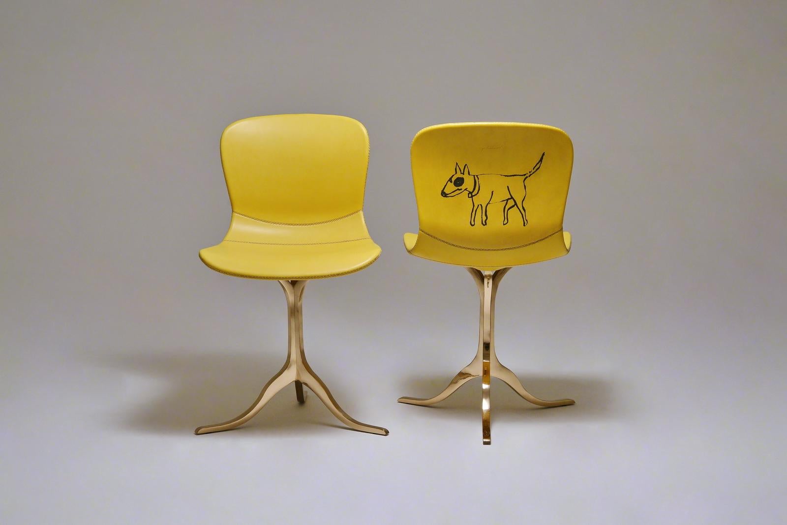 Pair of Sand Cast Bronze Chairs, Aurèle Yellow, Tattooed Leather, in Stock In New Condition In Bangkok, TH