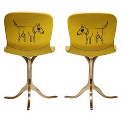 Pair of Sand Cast Bronze Chairs, Aurèle Yellow, Tattooed Leather, in Stock