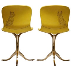 Pair of Sand Cast Bronze Chairs, Aurèle Yellow, Tattooed Leather, in Stock