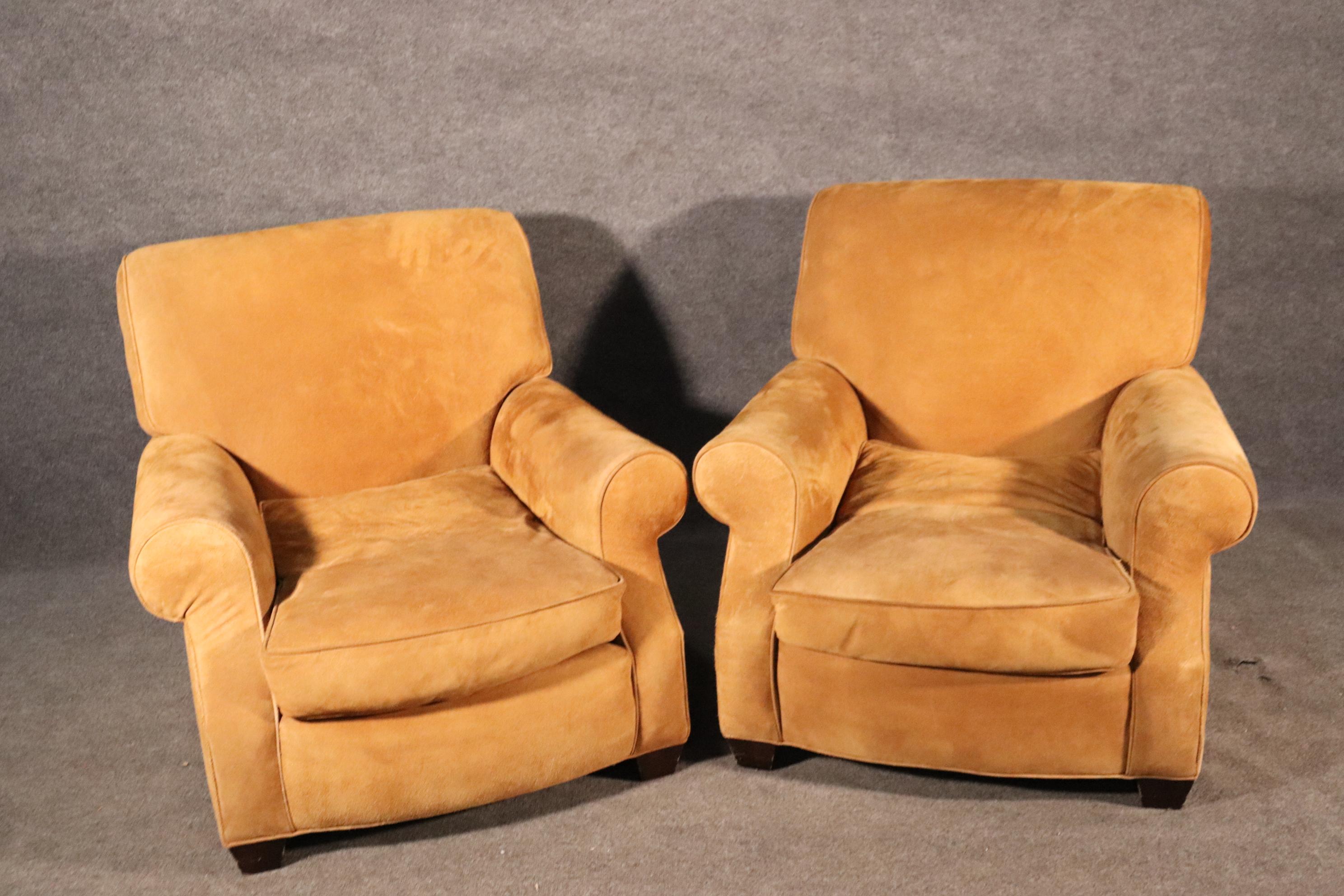 This is a beautiful pair of suede Williams Sonoma of club chairs. The chairs are in very good used condition and are extremely comfortable in my opinion. The chairs measure 36 wide x 35 tall x 43 deep and the seat height is 18 inches. They date to