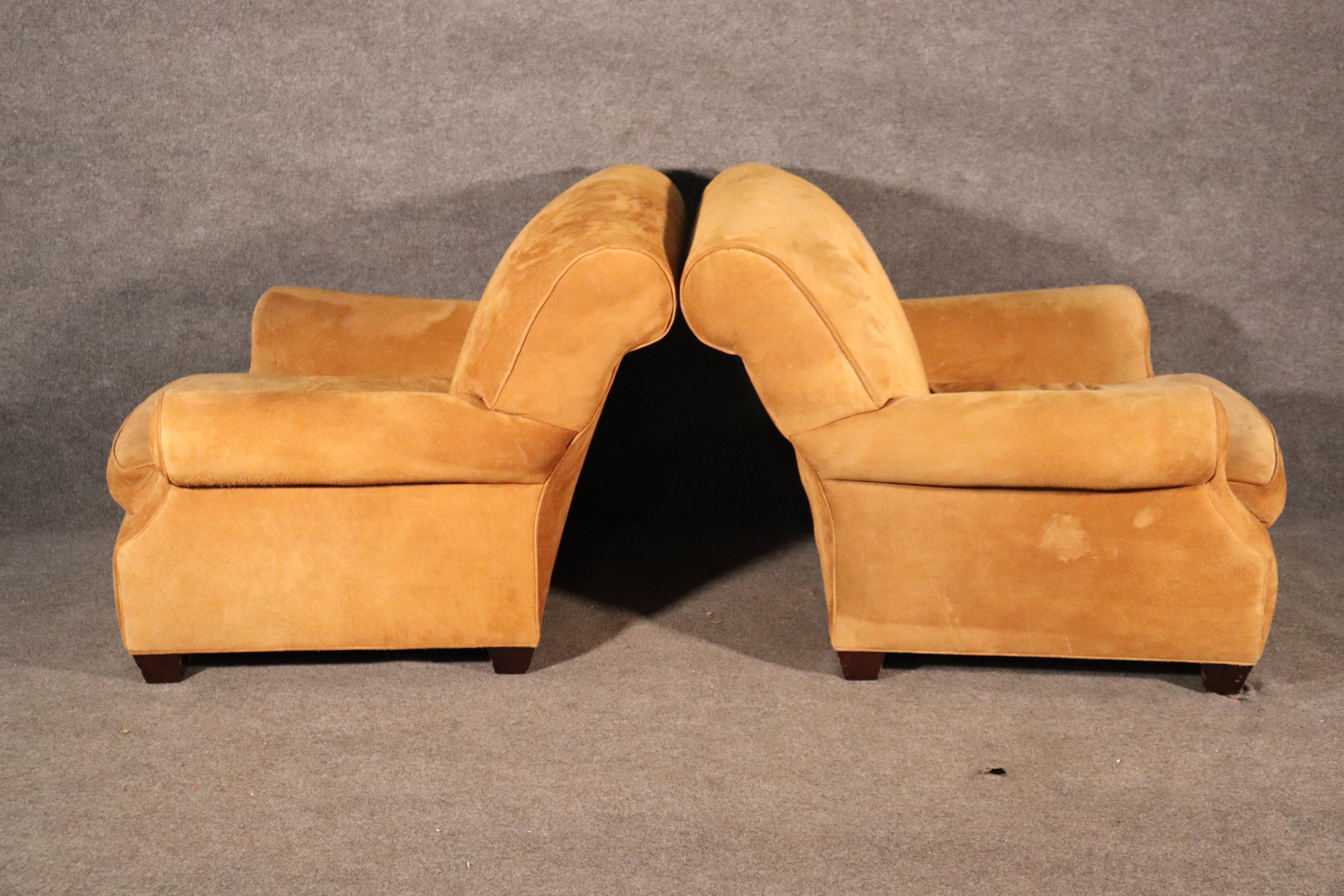 Art Deco Pair of Sand Hued Genuine Suede Large Scale Williams Sonoma Club Chairs