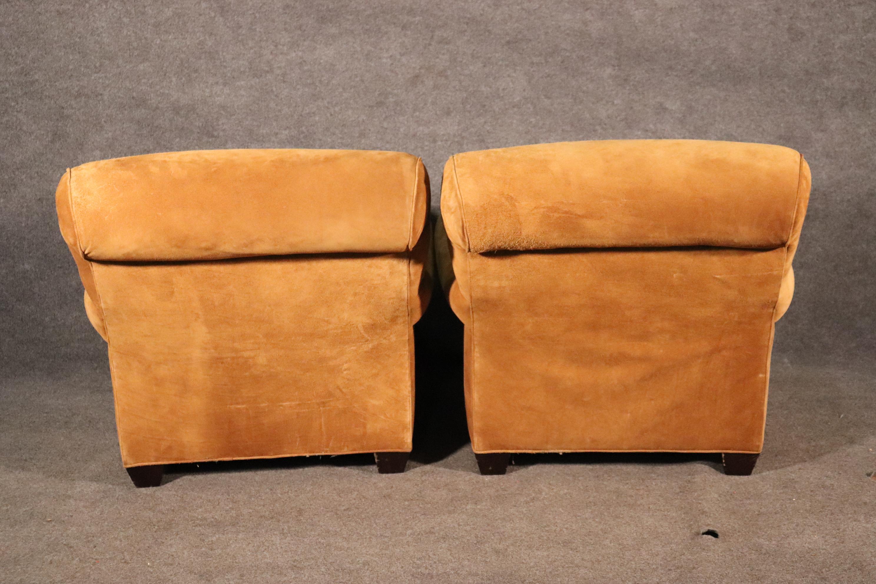 American Pair of Sand Hued Genuine Suede Large Scale Williams Sonoma Club Chairs