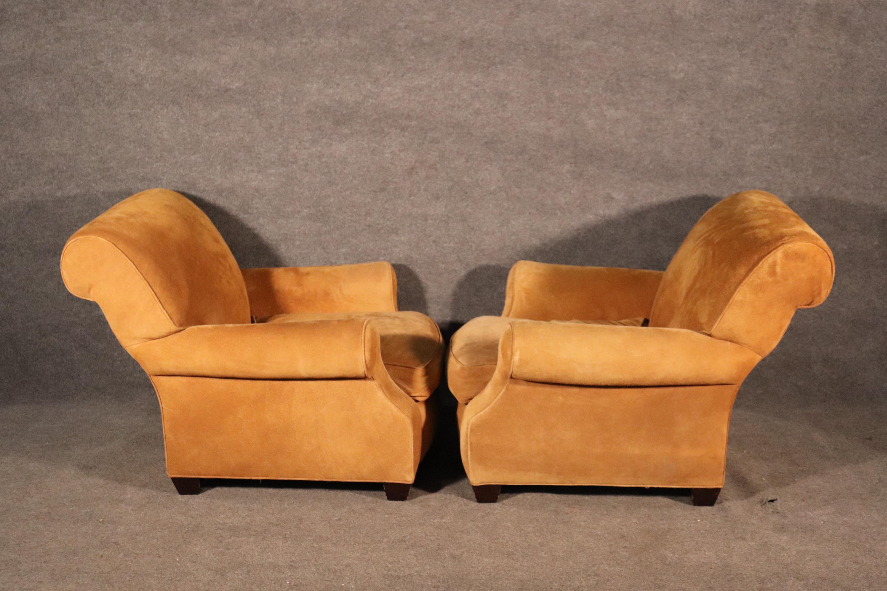 Pair of Sand Hued Genuine Suede Large Scale Williams Sonoma Club Chairs In Good Condition In Swedesboro, NJ