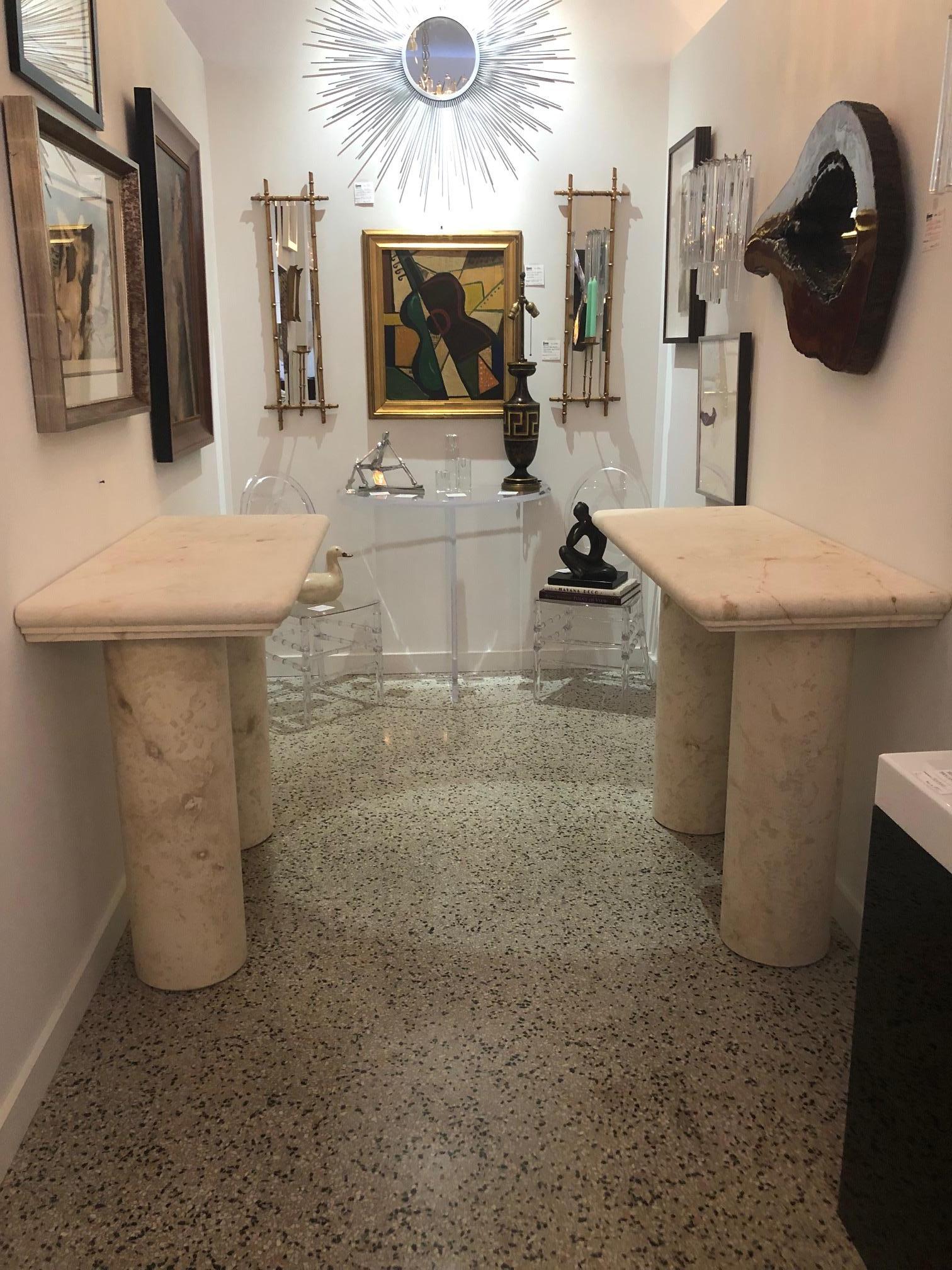 This stylish pair of sandstone consoles were custom fabricated for a home in Palm Beach and will make an understated statement with their simple form and use of materials.