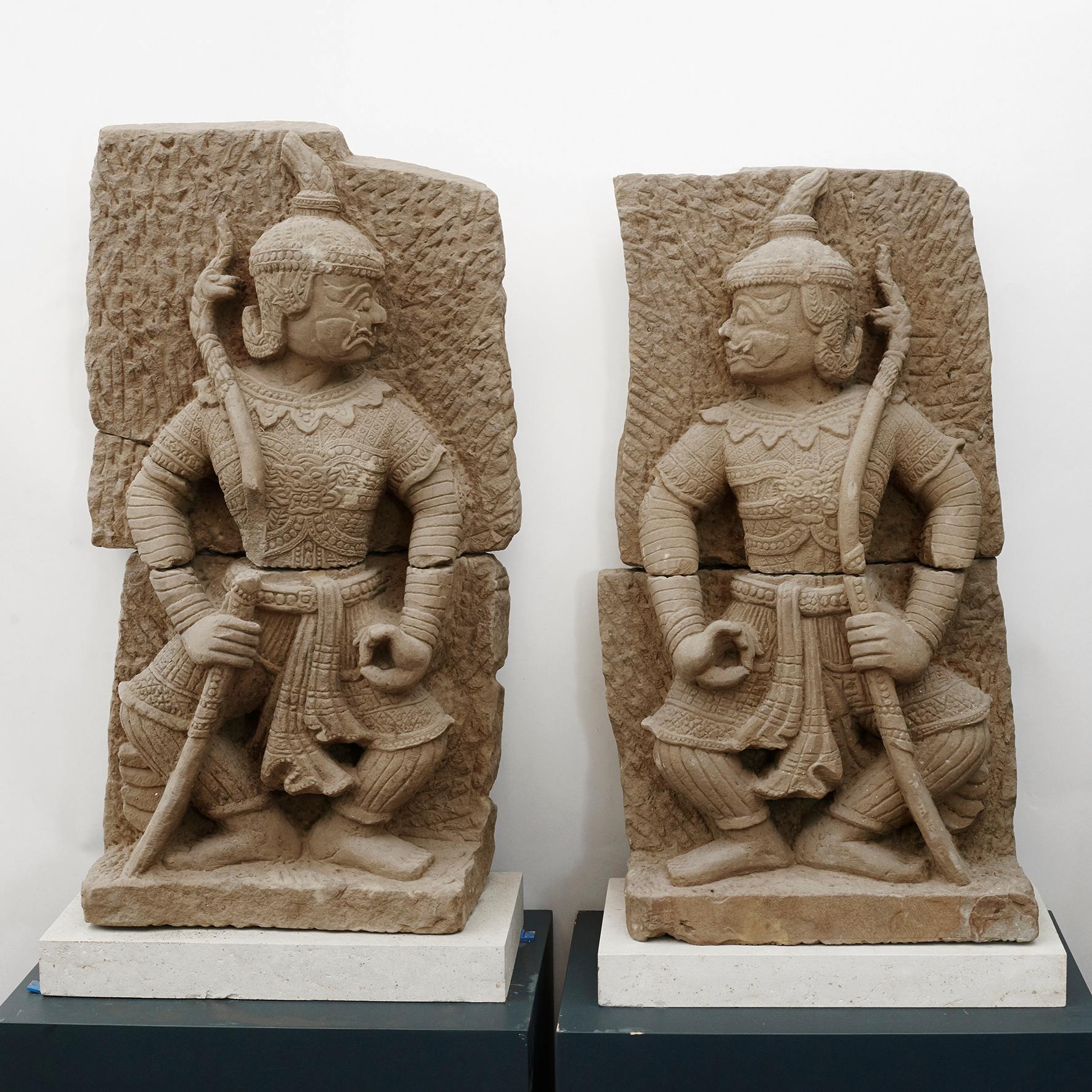 Burmese Pair of Sandstone Temple Guards For Sale
