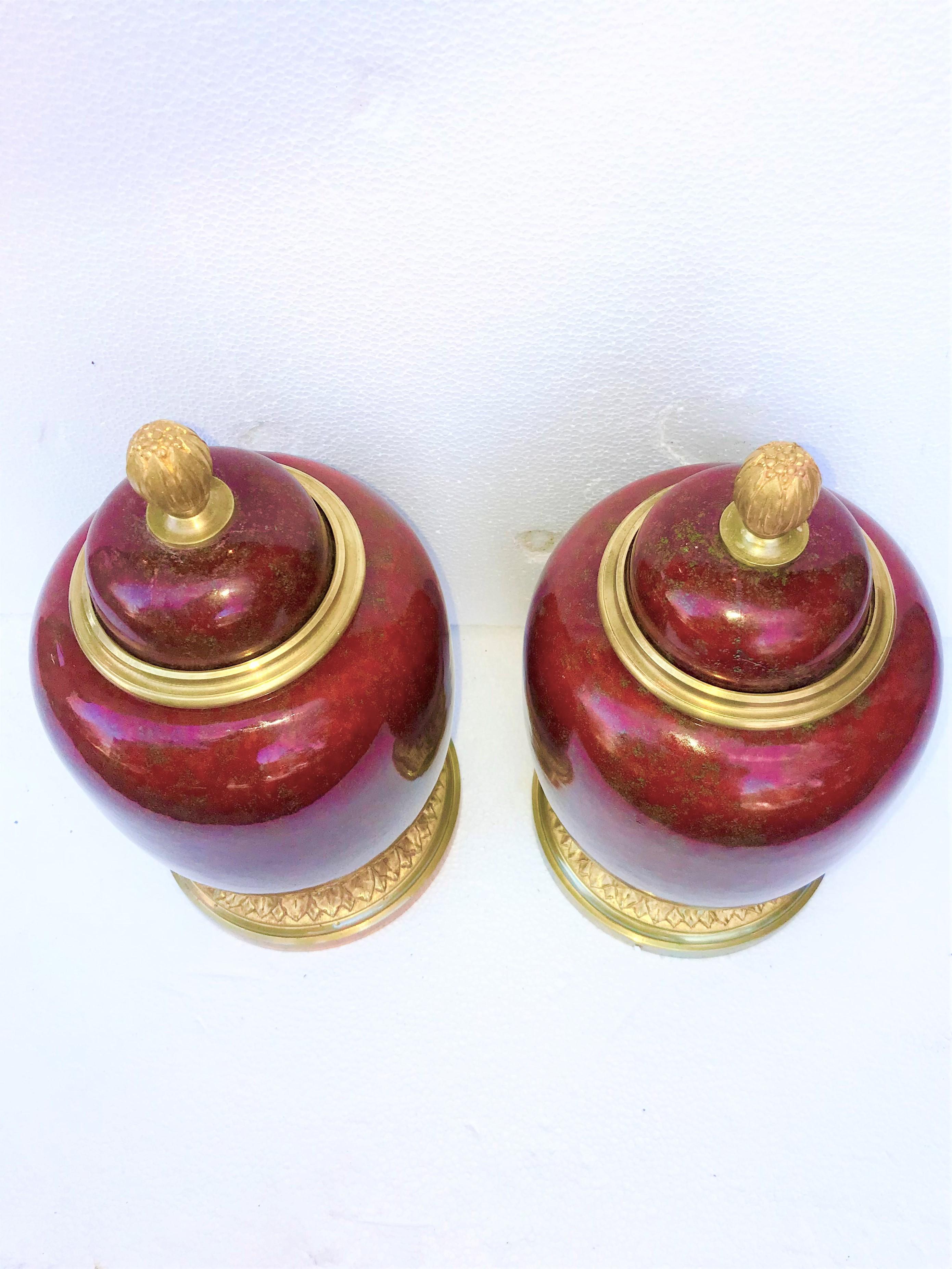 Pair of  Red Sang de Boeuf Flambé Bronze Mounted Sevres Styled Garniture  Urns 3