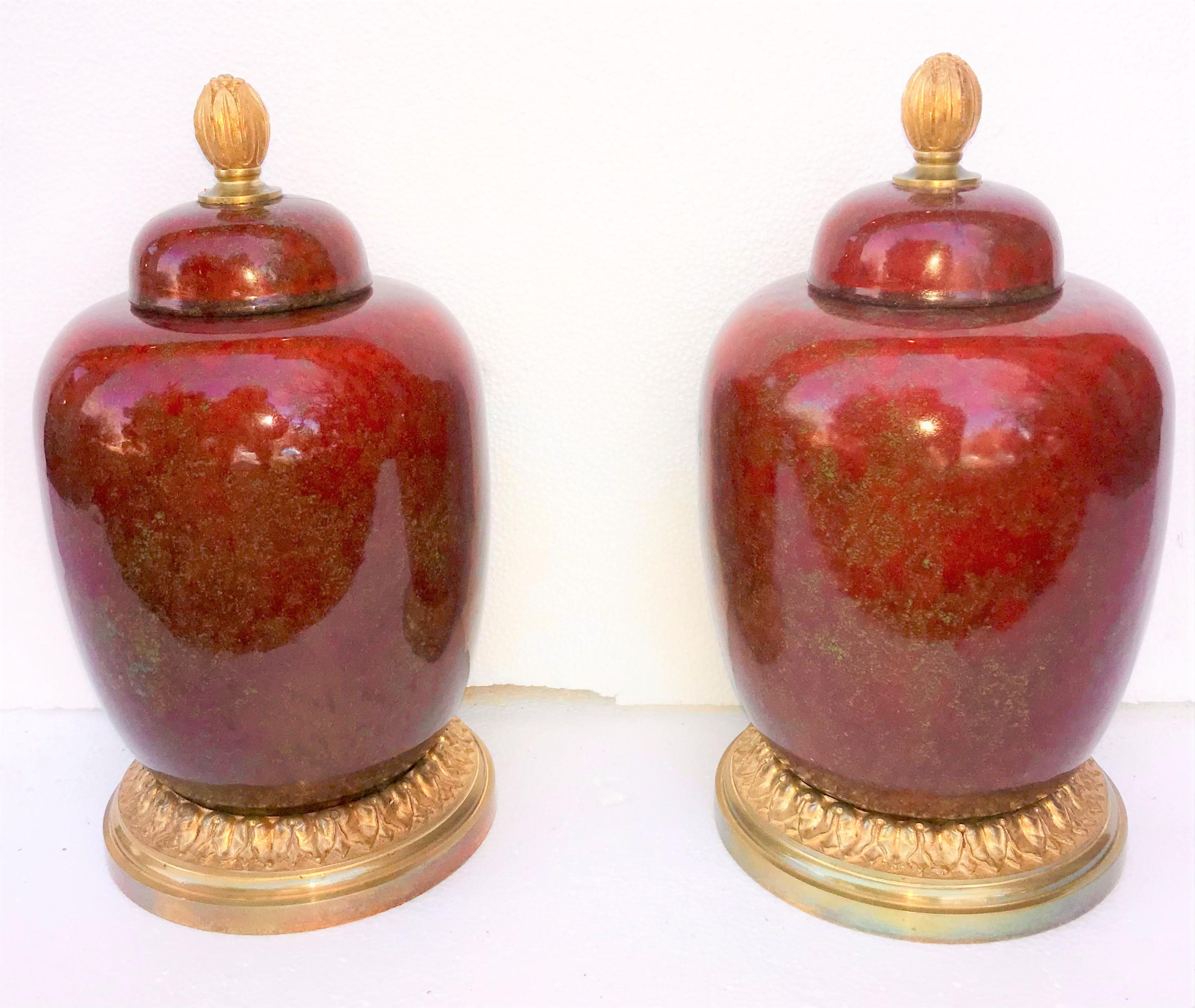 Pair of  Red Sang de Boeuf Flambé Bronze Mounted Sevres Styled Garniture  Urns 12