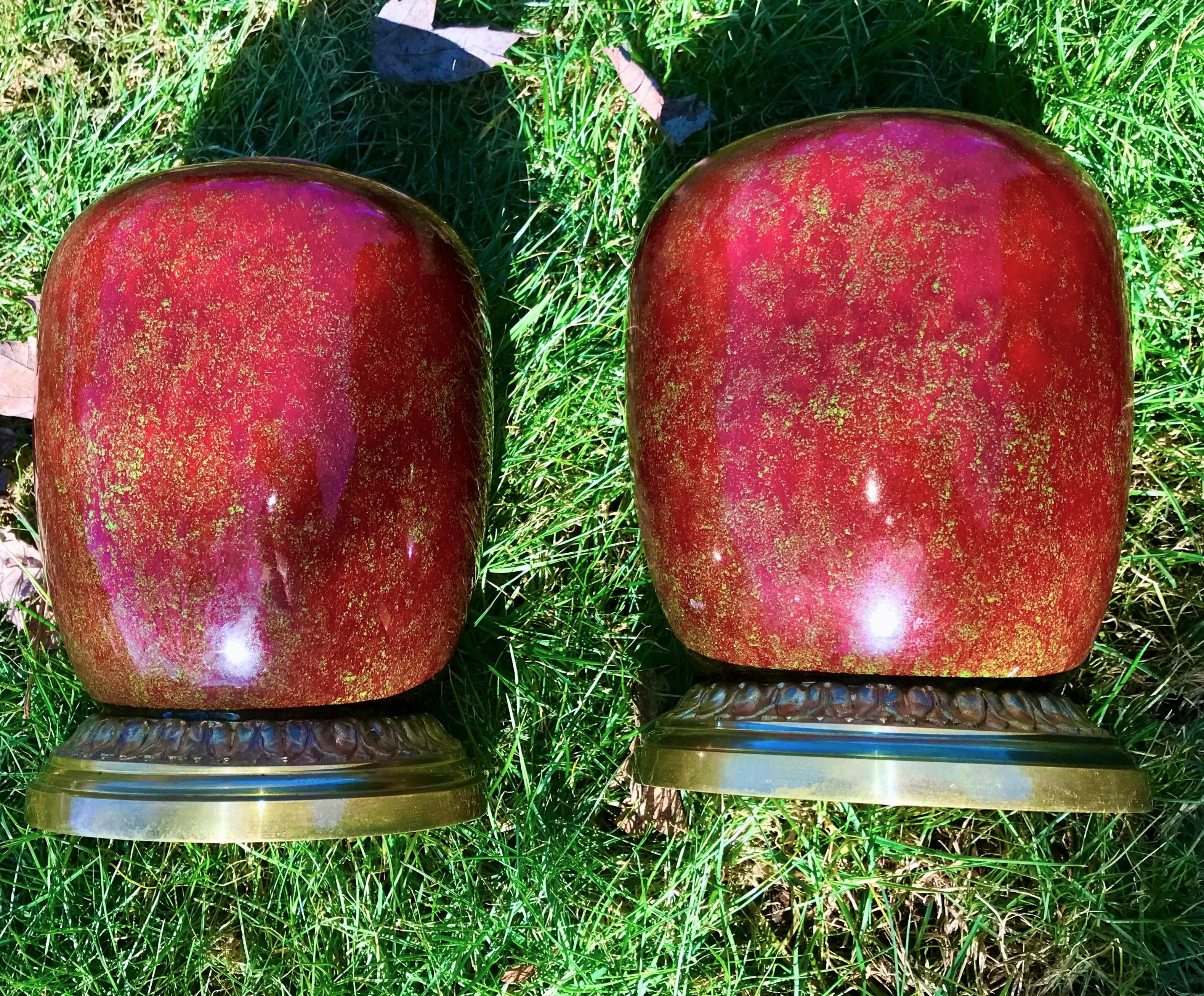 Louis XVI Pair of  Red Sang de Boeuf Flambé Bronze Mounted Sevres Styled Garniture  Urns