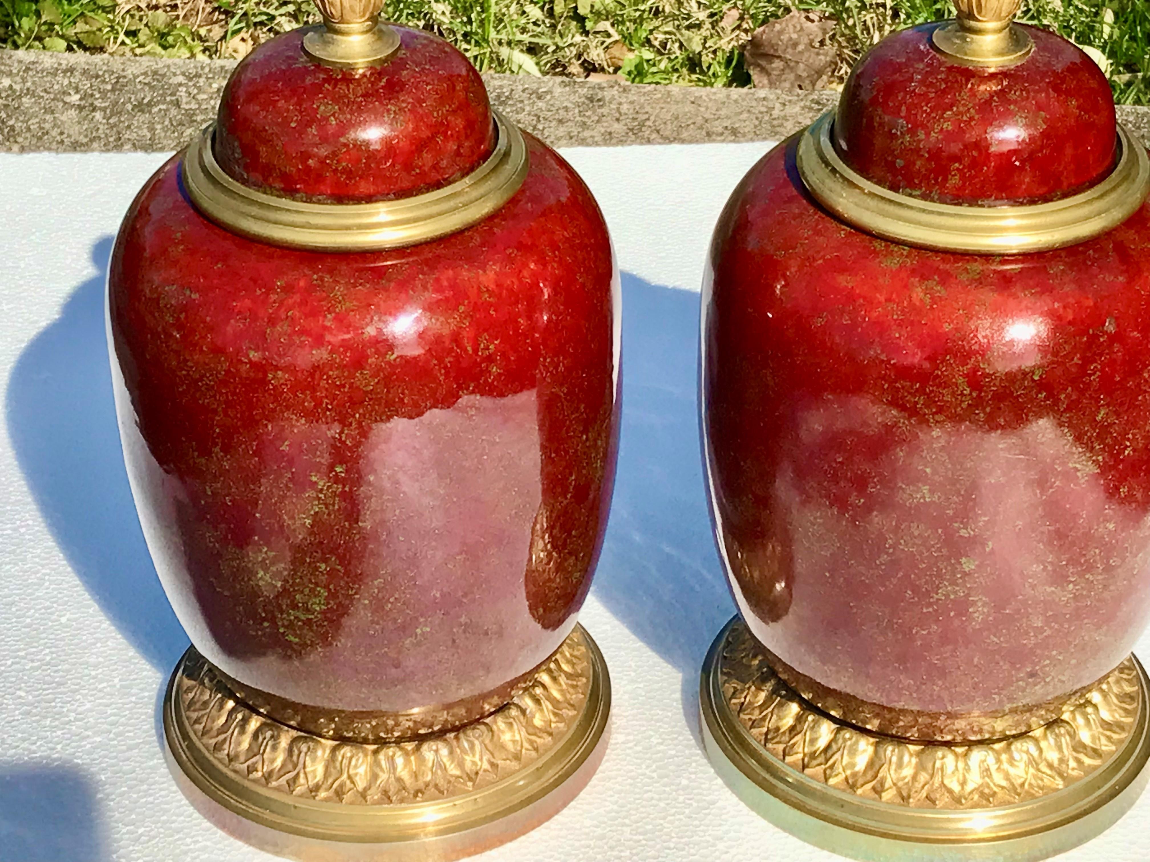 19th Century Pair of  Red Sang de Boeuf Flambé Bronze Mounted Sevres Styled Garniture  Urns