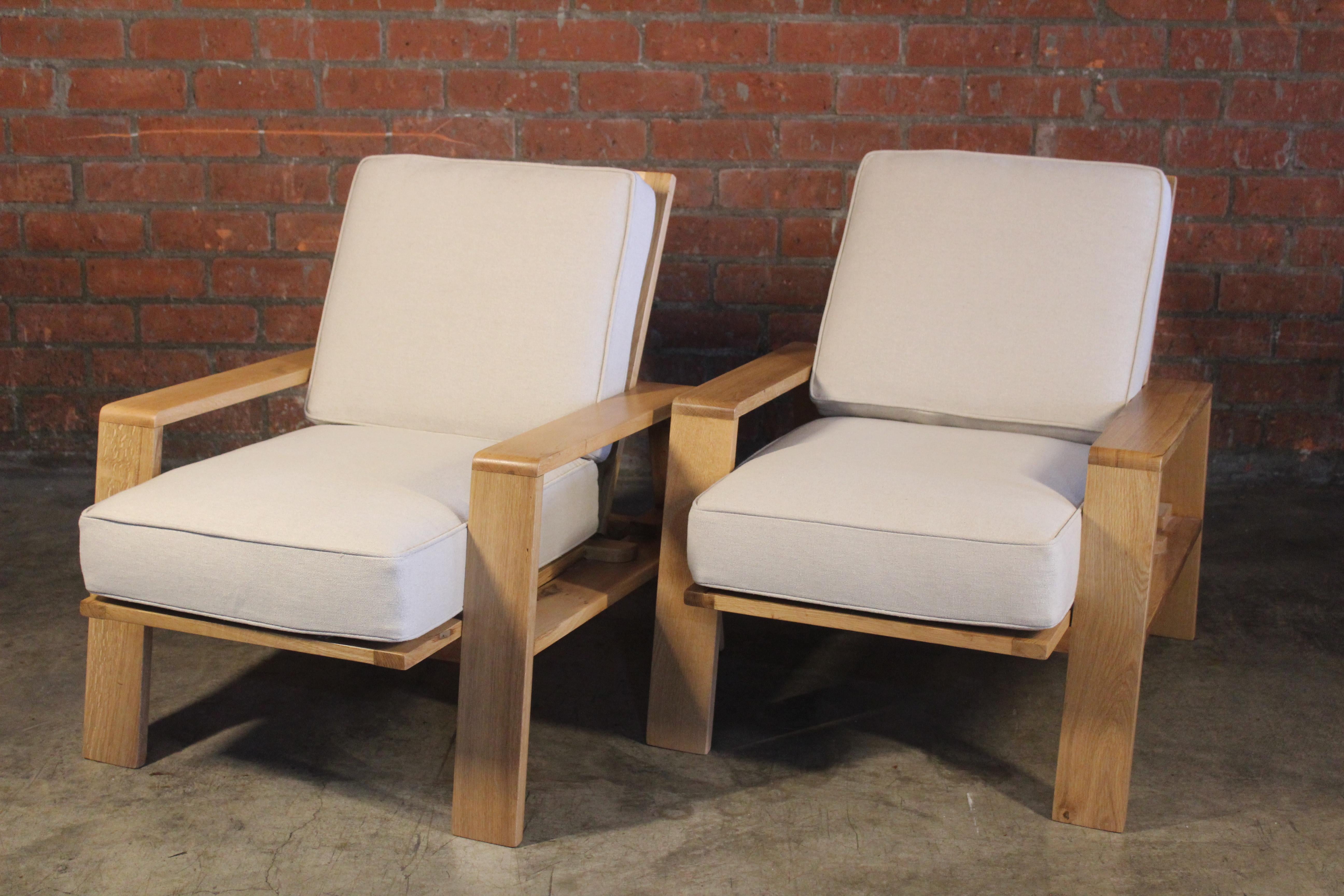 Mid-Century Modern Pair of Oak Armchairs with Linen Cushions, France, 1950s
