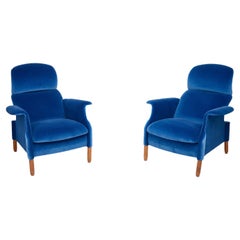 Vintage Pair of Sanluca Armchairs by Achille and Pier Giacomo Castiglioni in Blue Velvet