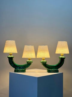 Paar Santiago Rodríguez Bonome Tischlampen, Grüne Keramik, Frankreich, 1950er Jahre