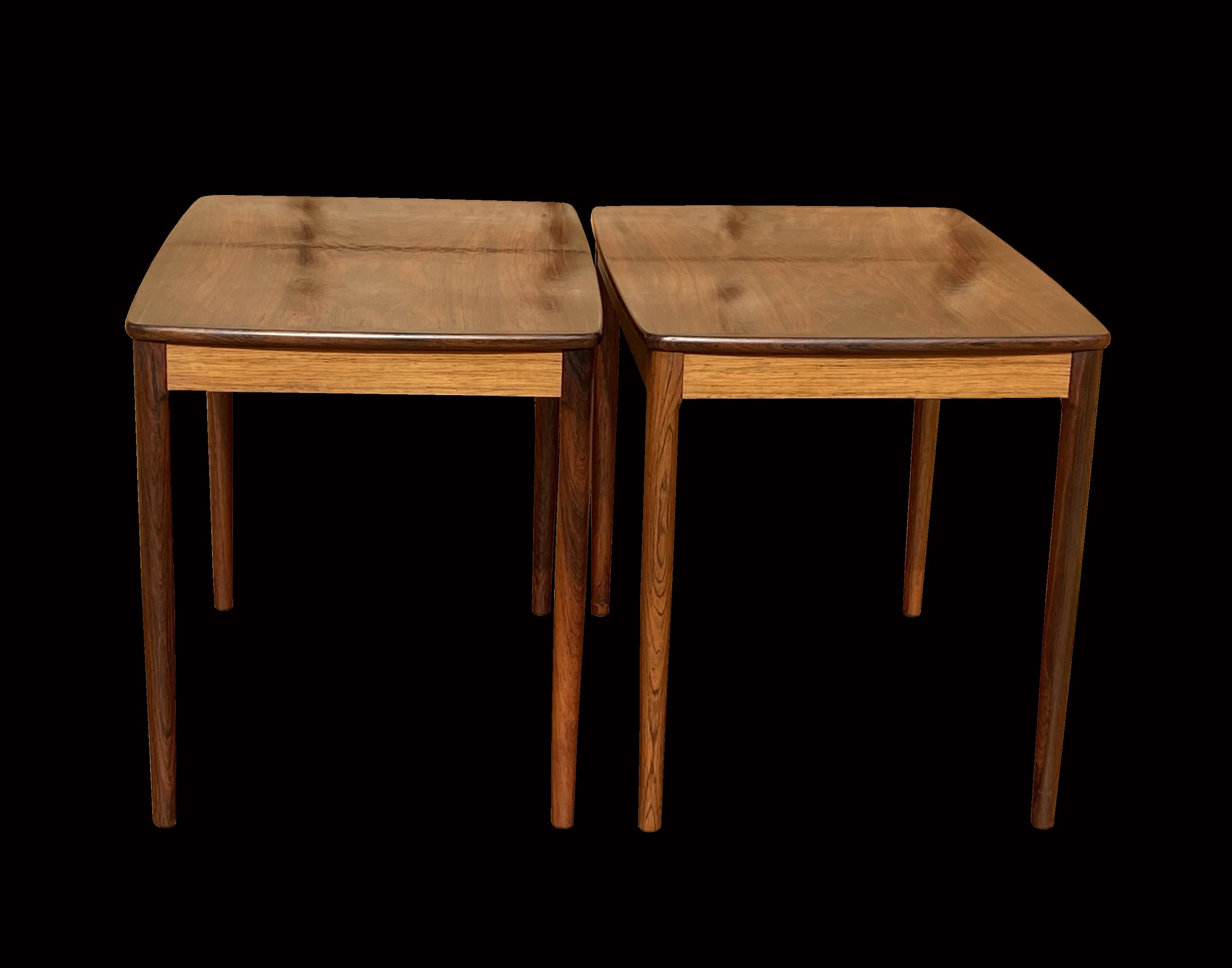 This beautiful original pair of tables, could be used as side, end or bedsides. The perfectly matched veneers just emphasise the quality of manufacture and the exacting design of Alf Svensson and Yngve Sandstrom for Seffle Mobelfabrik.