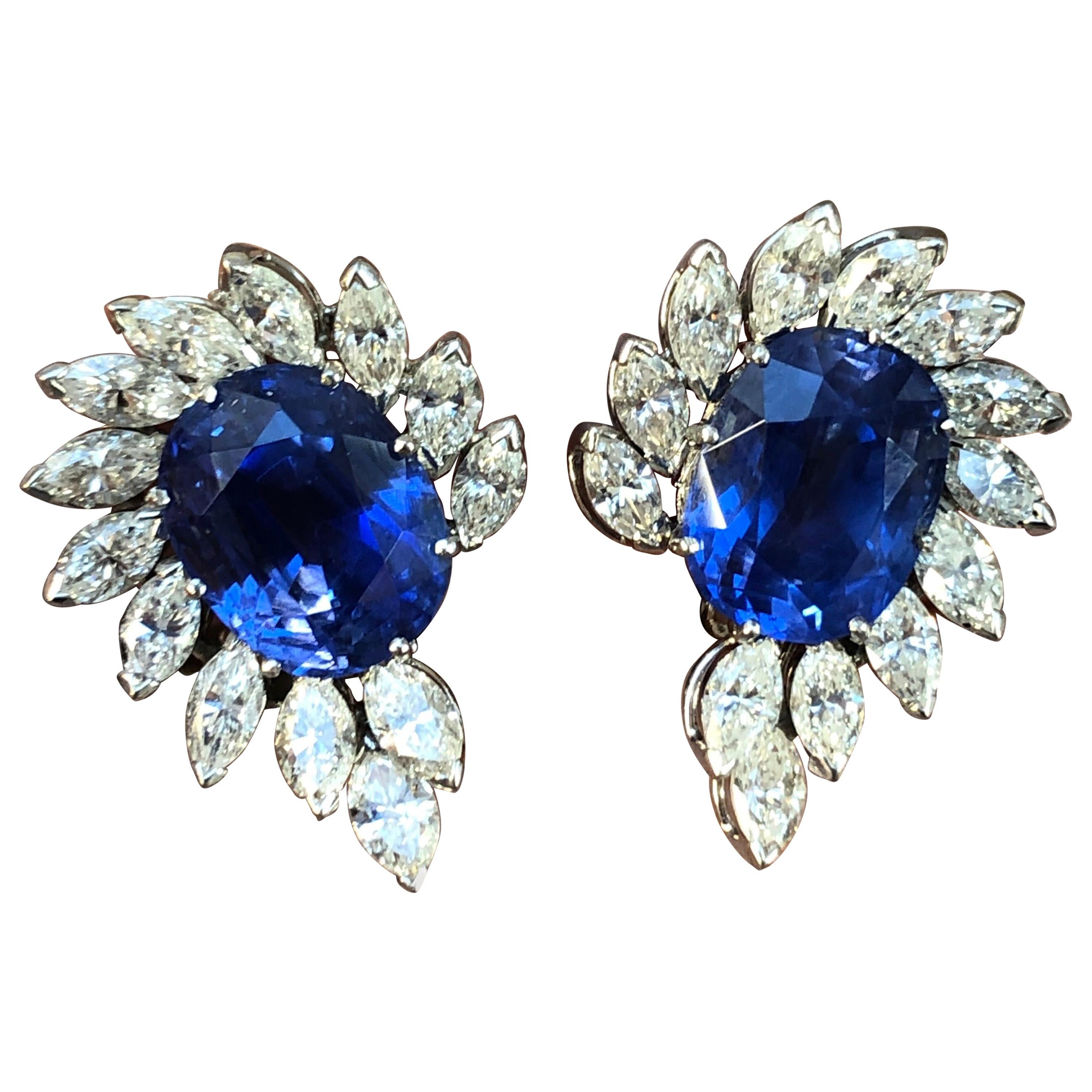 Pair of Sapphire and Diamond Earrings SSEF 14.92 Carat Untreated Sapphires For Sale
