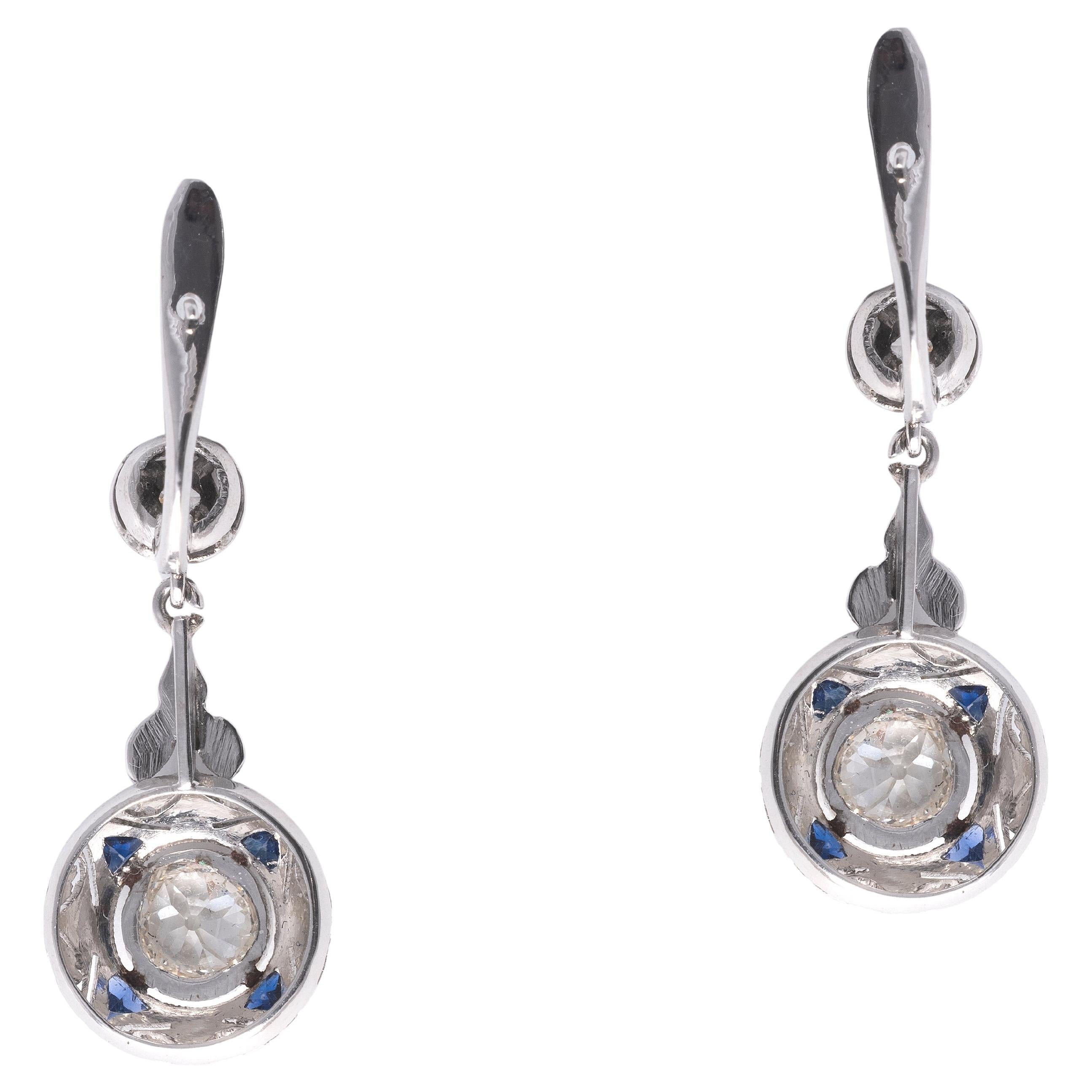 Old European Cut Pair of Sapphire and Diamond Pendent Earrings For Sale