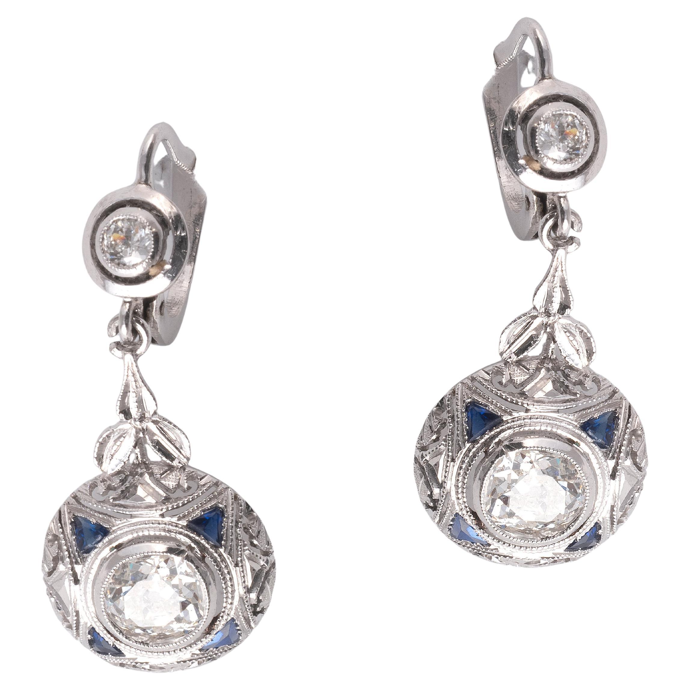 Pair of Sapphire and Diamond Pendent Earrings
