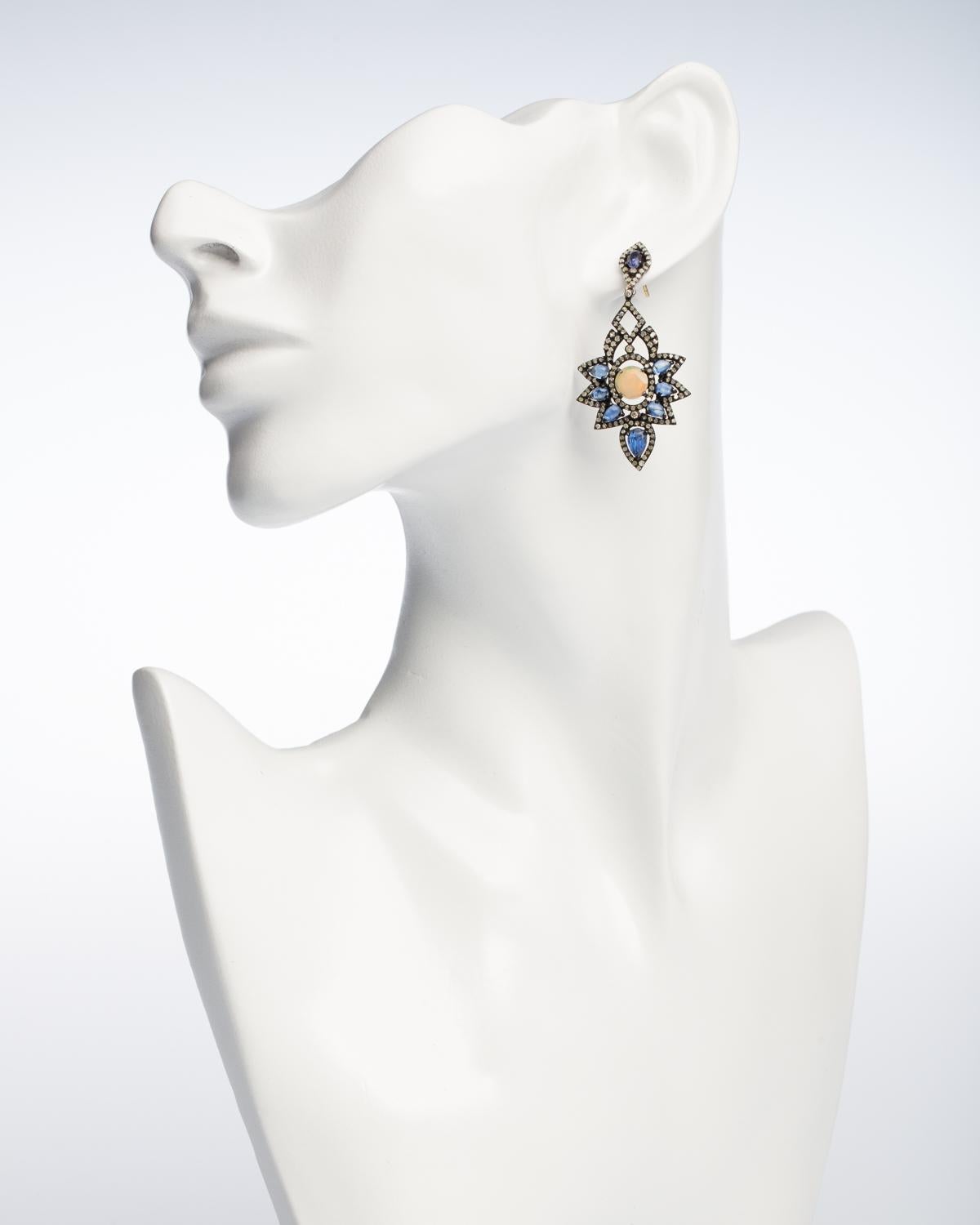 Round Cut Pair of Sapphire, Diamond and Moonstone Earrings in Black Rhodium