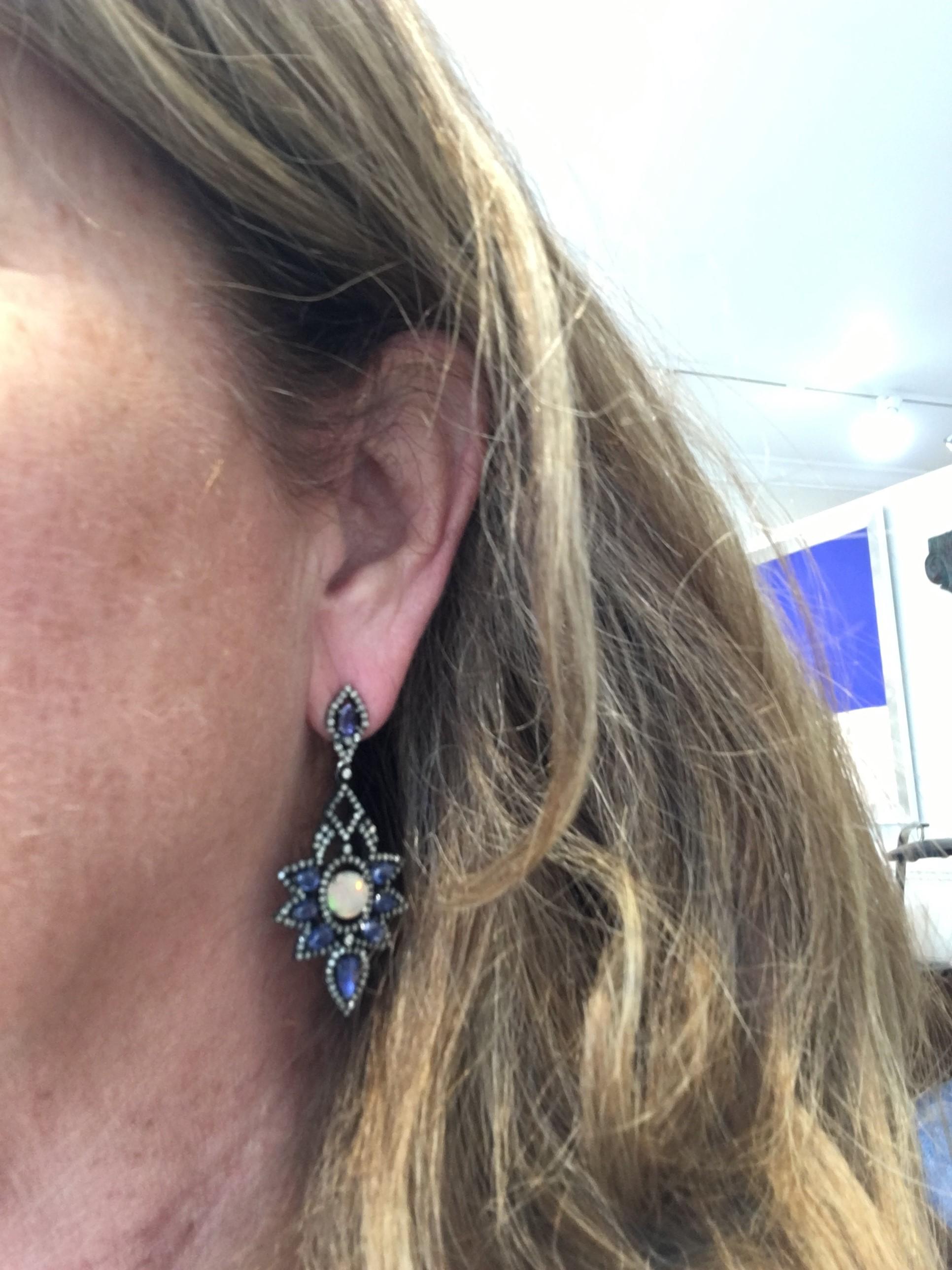Pair of Sapphire, Diamond and Moonstone Earrings in Black Rhodium 1