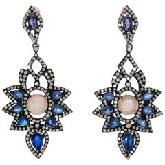 Pair of Sapphire, Diamond and Moonstone Earrings in Black Rhodium