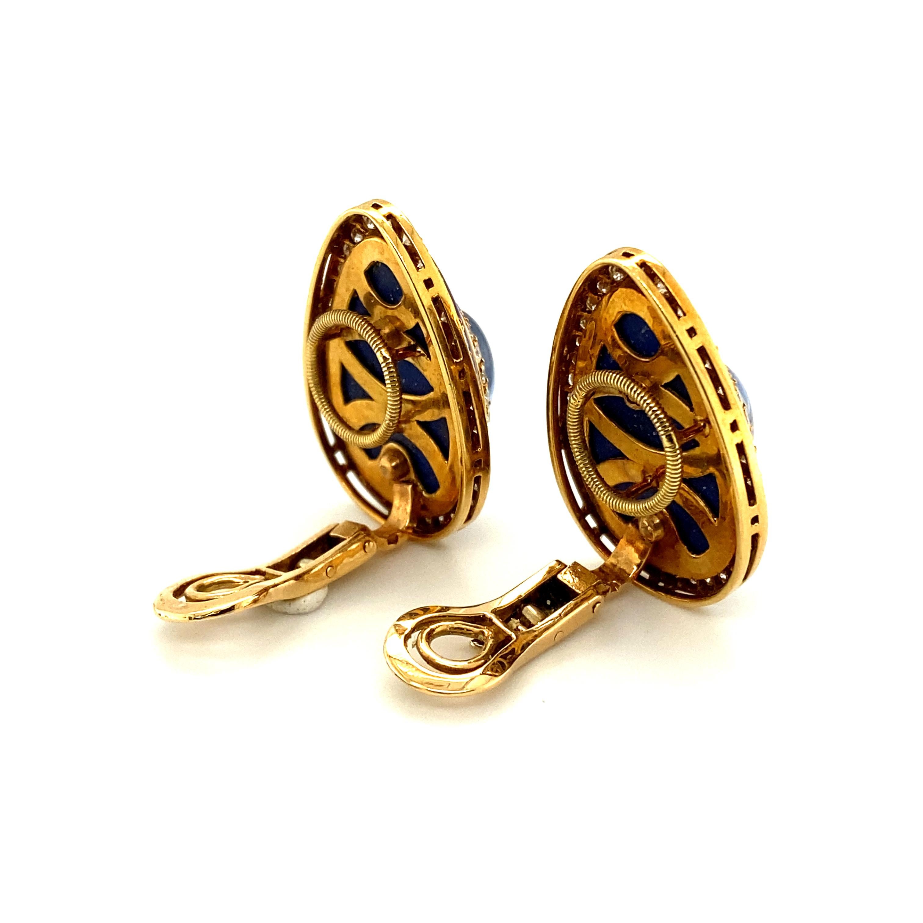Pair of Sapphire Diamond Lapis Lazuli Ear Clips by Bulgari in Yellow Gold 18K 6