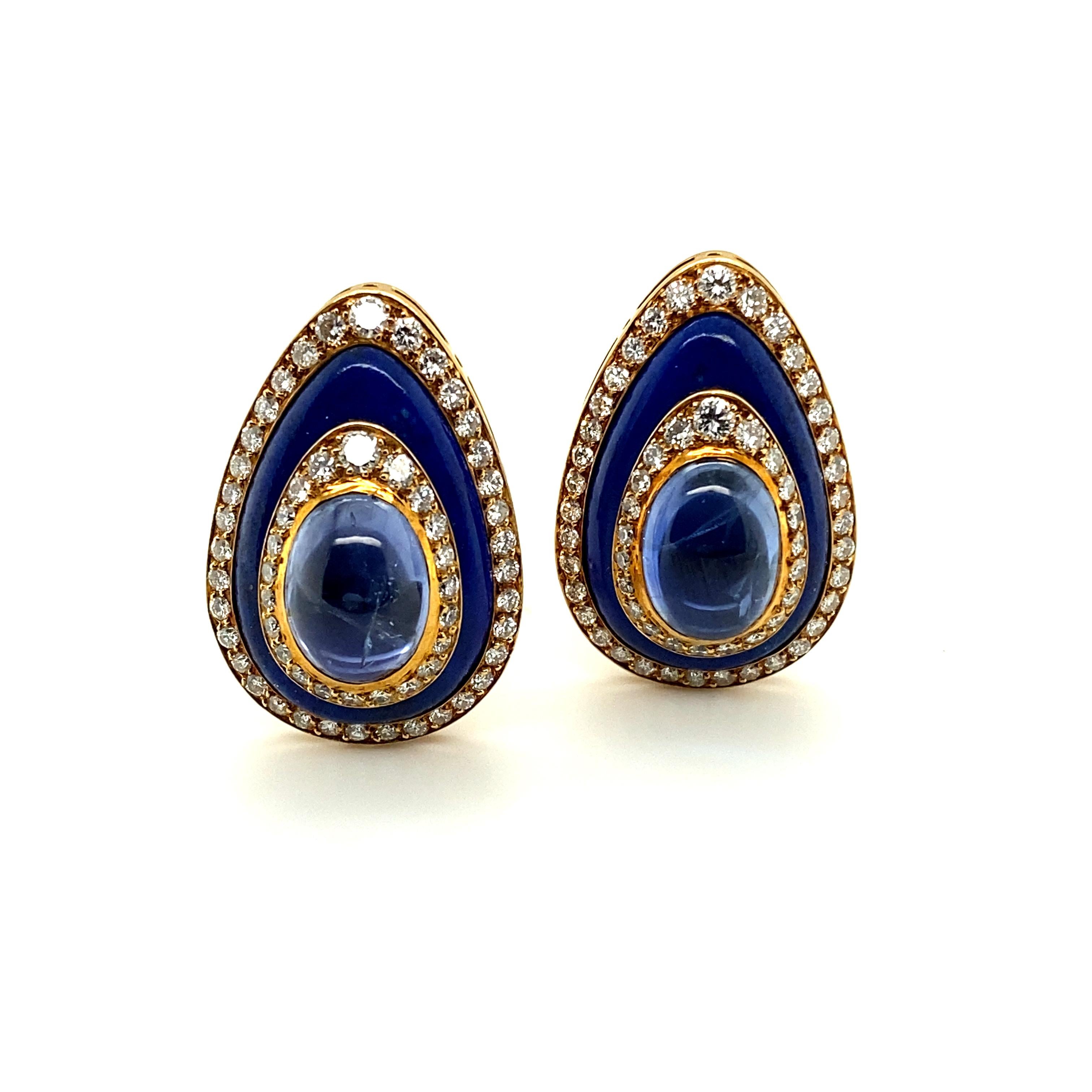 Pair of Sapphire Diamond Lapis Lazuli Ear Clips by Bulgari in Yellow Gold 18K In Good Condition In Lucerne, CH