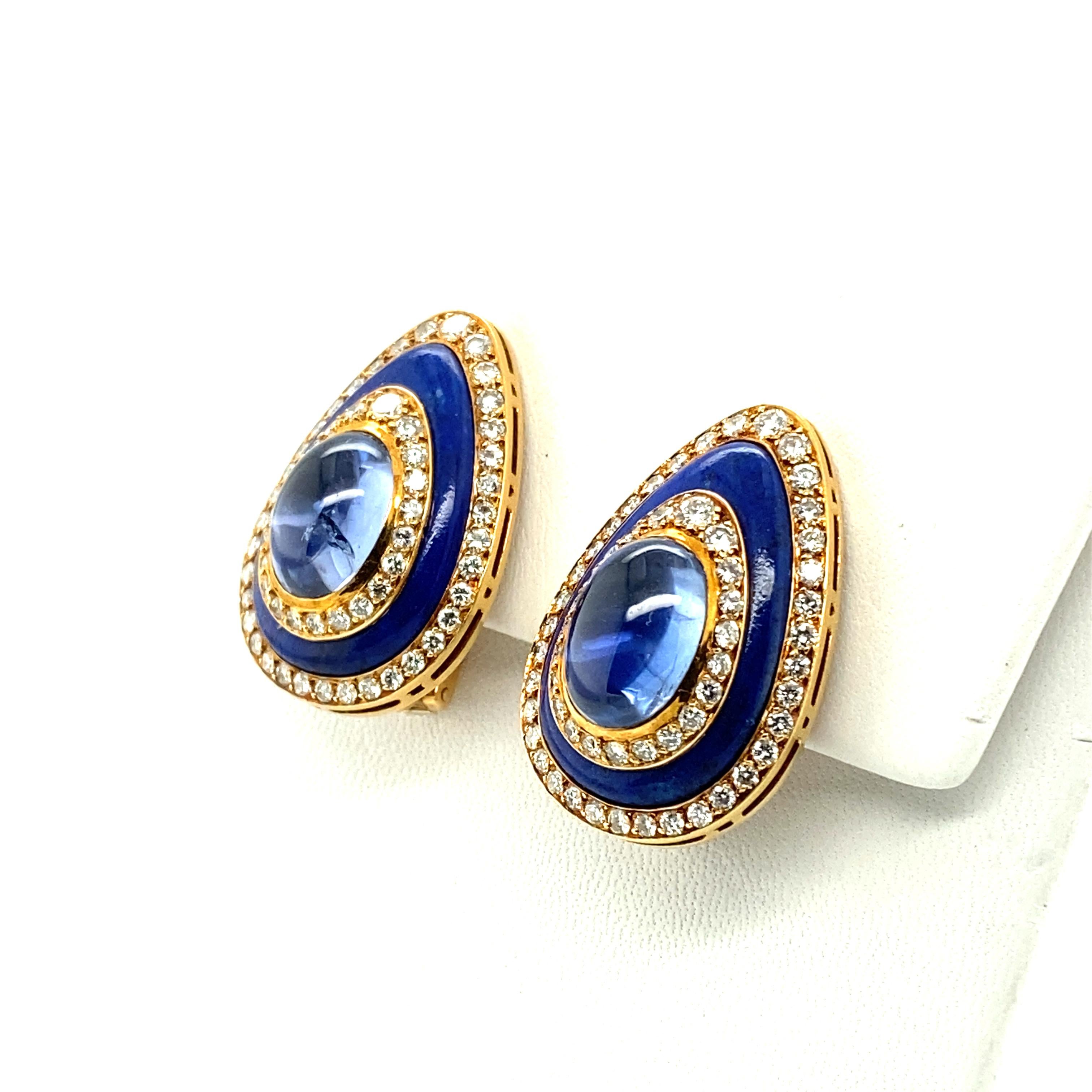 Pair of Sapphire Diamond Lapis Lazuli Ear Clips by Bulgari in Yellow Gold 18K 2