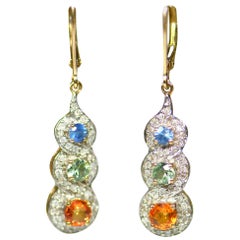 Pair of Sapphire Peridot and Citrine Three-Stone Drop Earrings