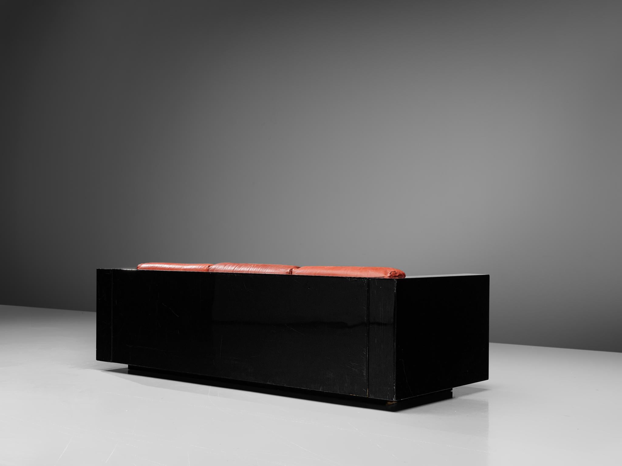 Pair of 'Saratoga' Black Sofas with Red Leather by Vignelli 2
