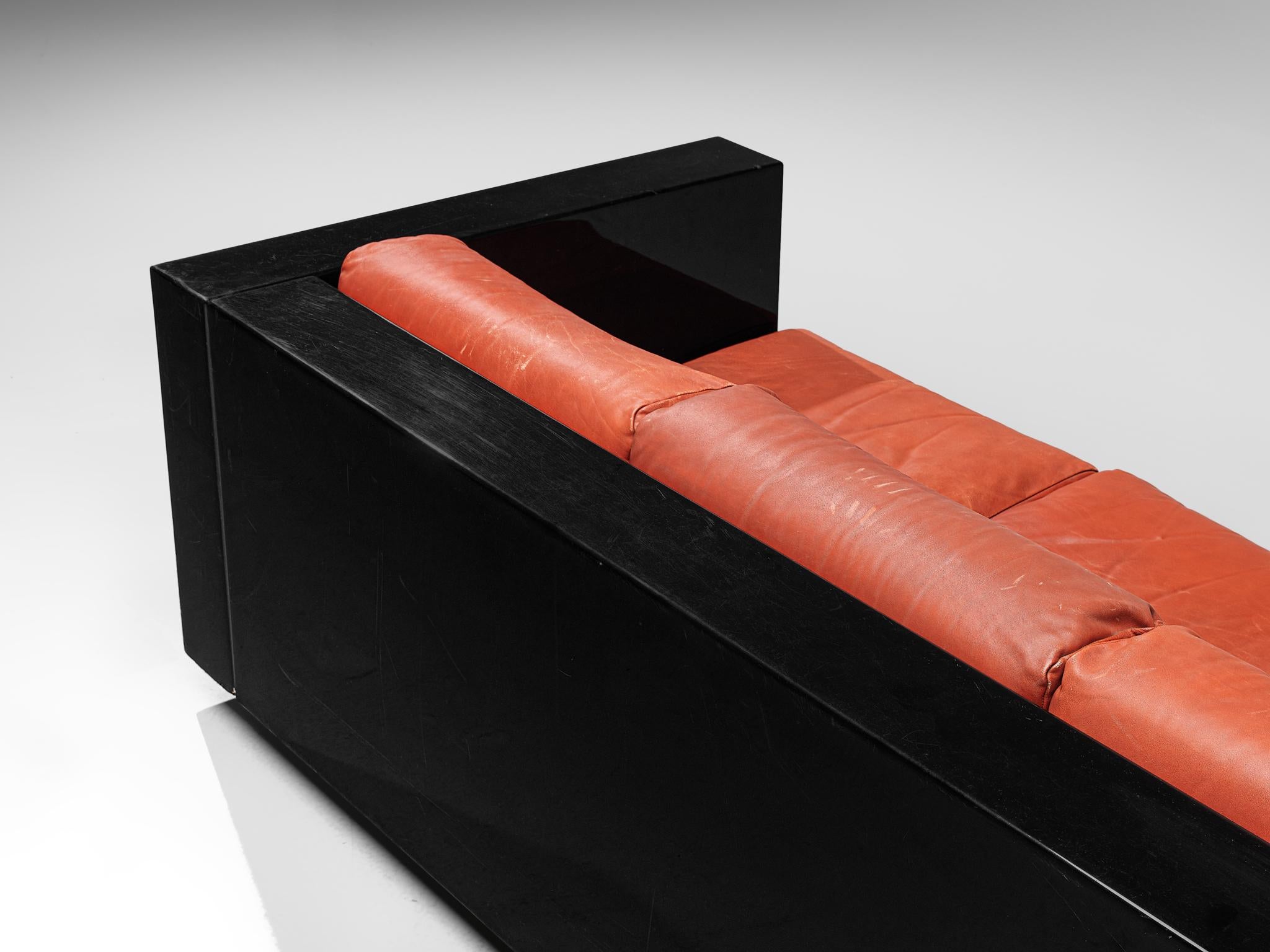 Pair of 'Saratoga' Black Sofas with Red Leather by Vignelli 3