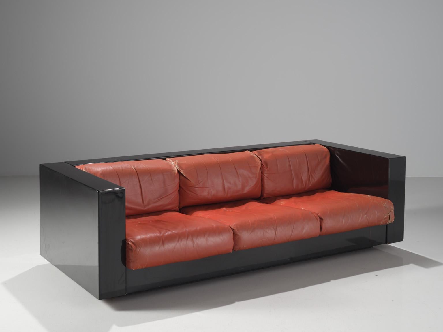 Pair of 'Saratoga' Black Sofas with Red Leather by Vignelli 4