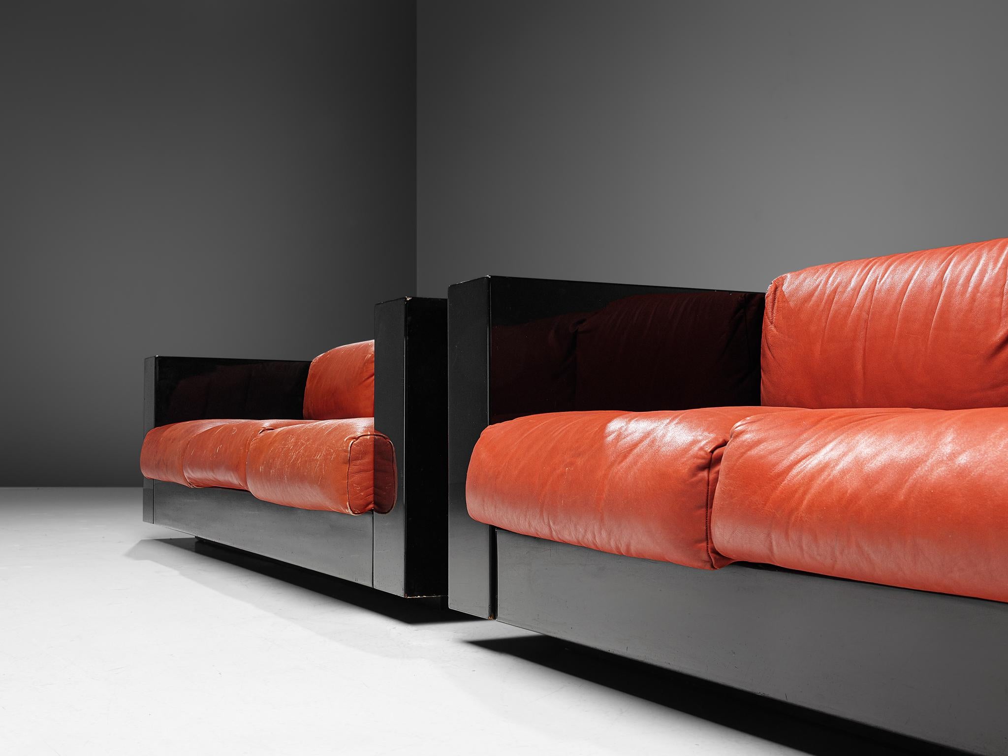 Italian Pair of 'Saratoga' Black Sofas with Red Leather by Vignelli