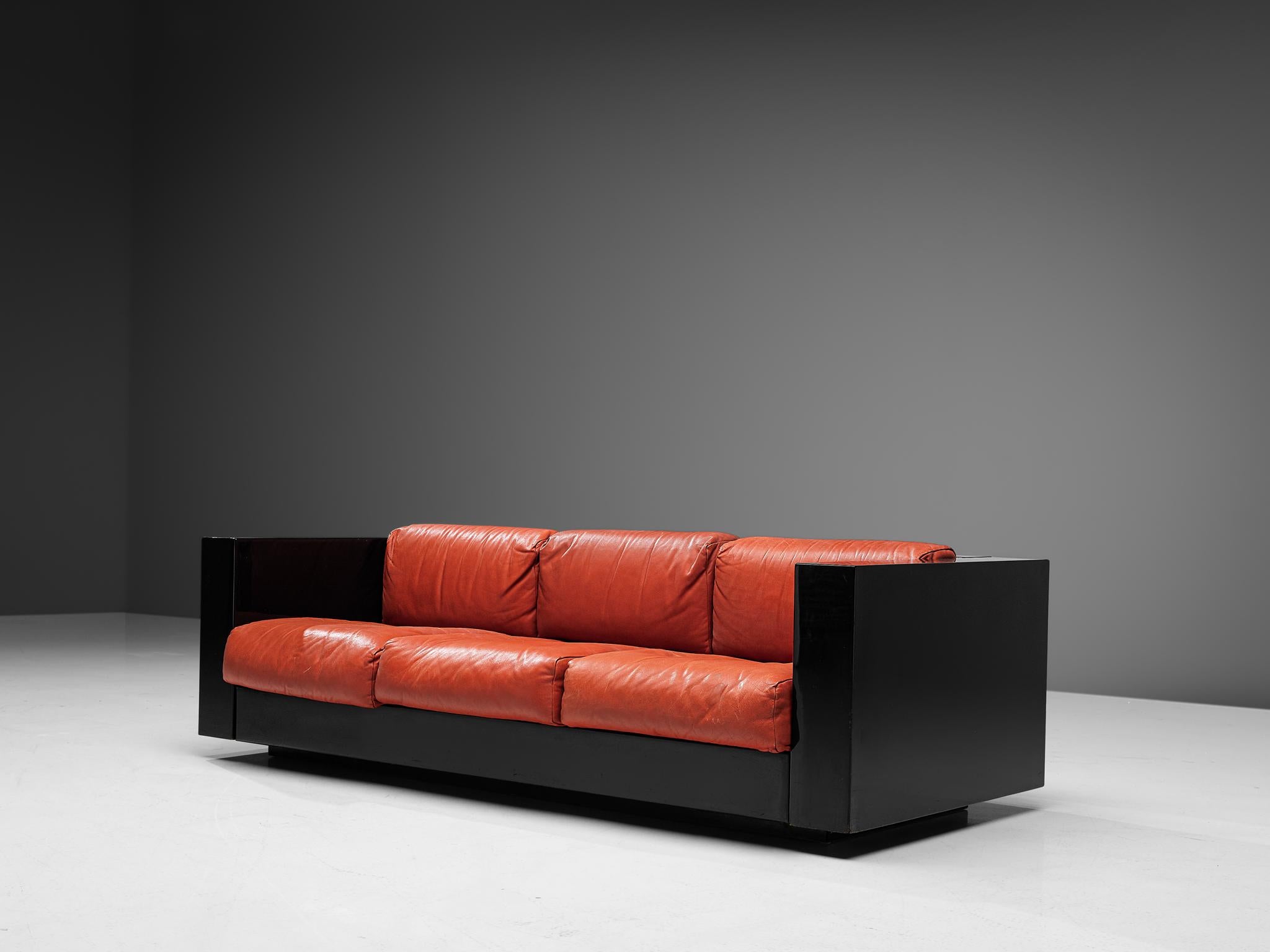 Mid-20th Century Pair of 'Saratoga' Black Sofas with Red Leather by Vignelli