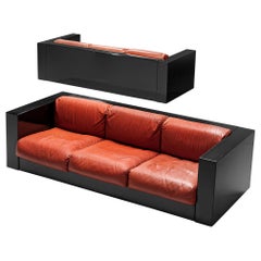 Pair of 'Saratoga' Black Sofas with Red Leather by Vignelli
