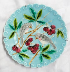 Pair of Sarreguemines Barbotine Enameled Plates Birds French, Late 19th Century