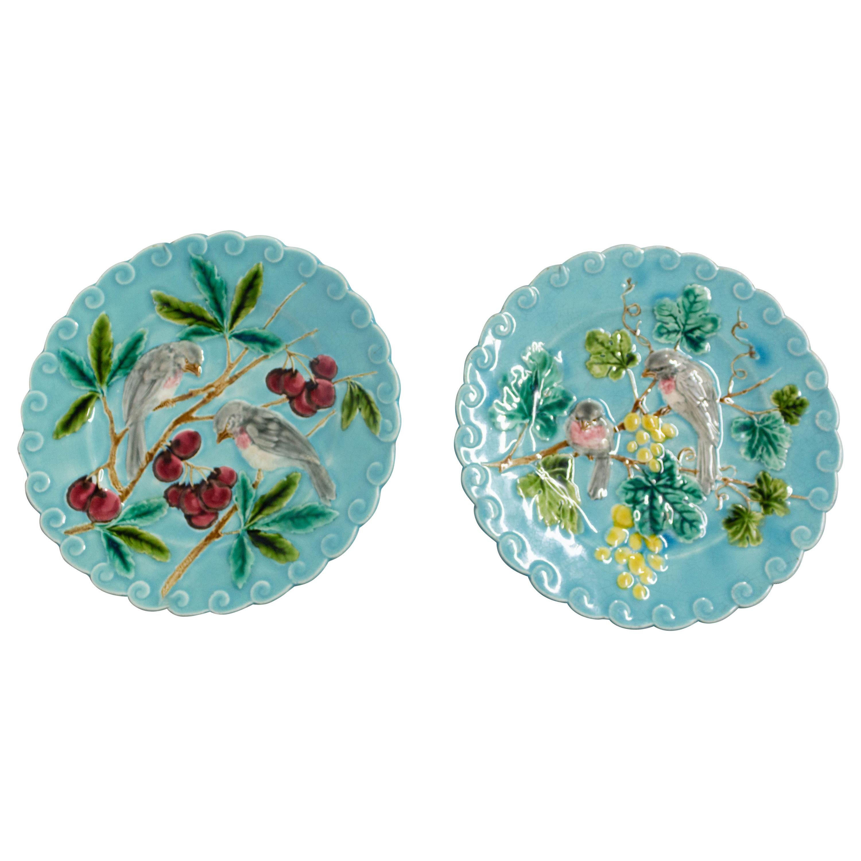 Pair of Sarreguemines Barbotine Enameled Plates Birds French, Late 19th Century