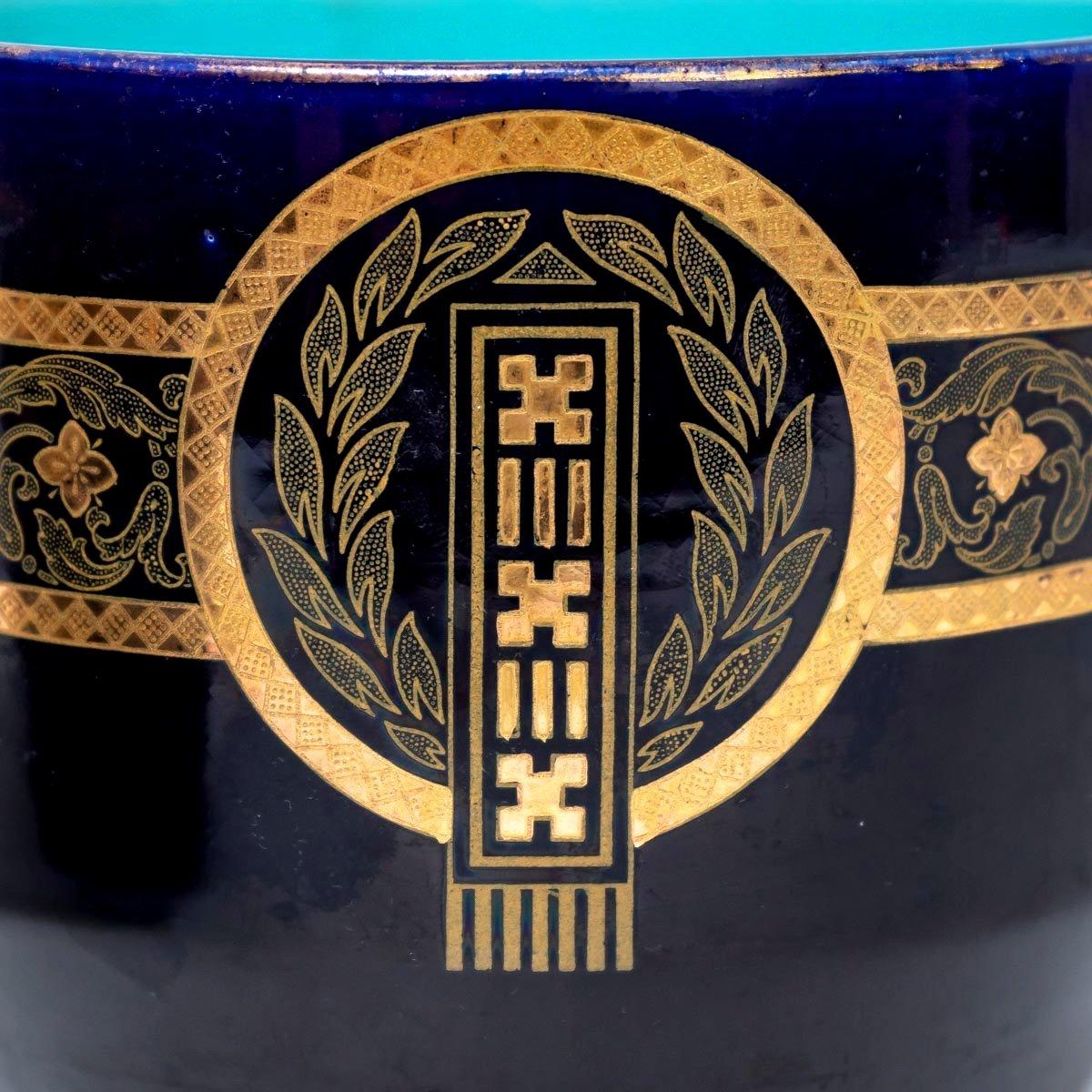 French Pair Of Sarreguemines Cache Pots - Bleus De Longwy - Golden Geometric Decoration For Sale