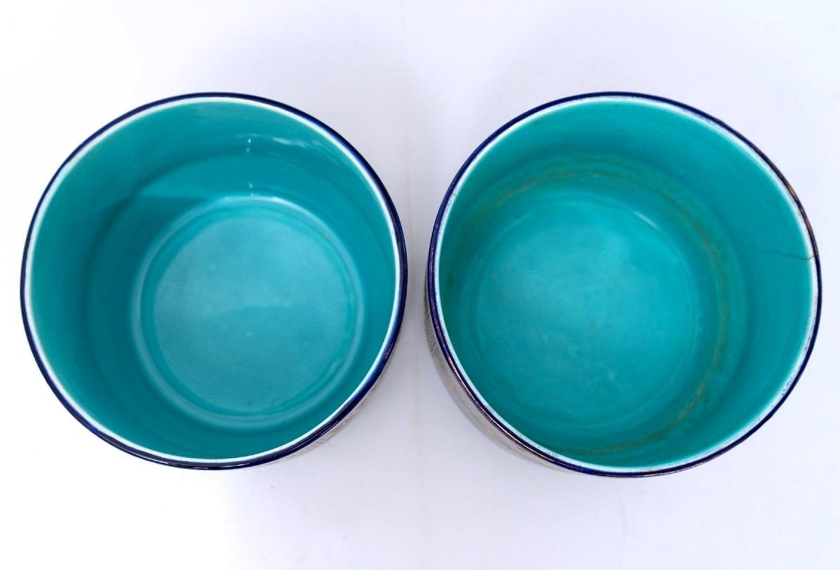 Pair Of Sarreguemines Cache Pots - Bleus De Longwy - Golden Geometric Decoration In Good Condition For Sale In CRÉTEIL, FR